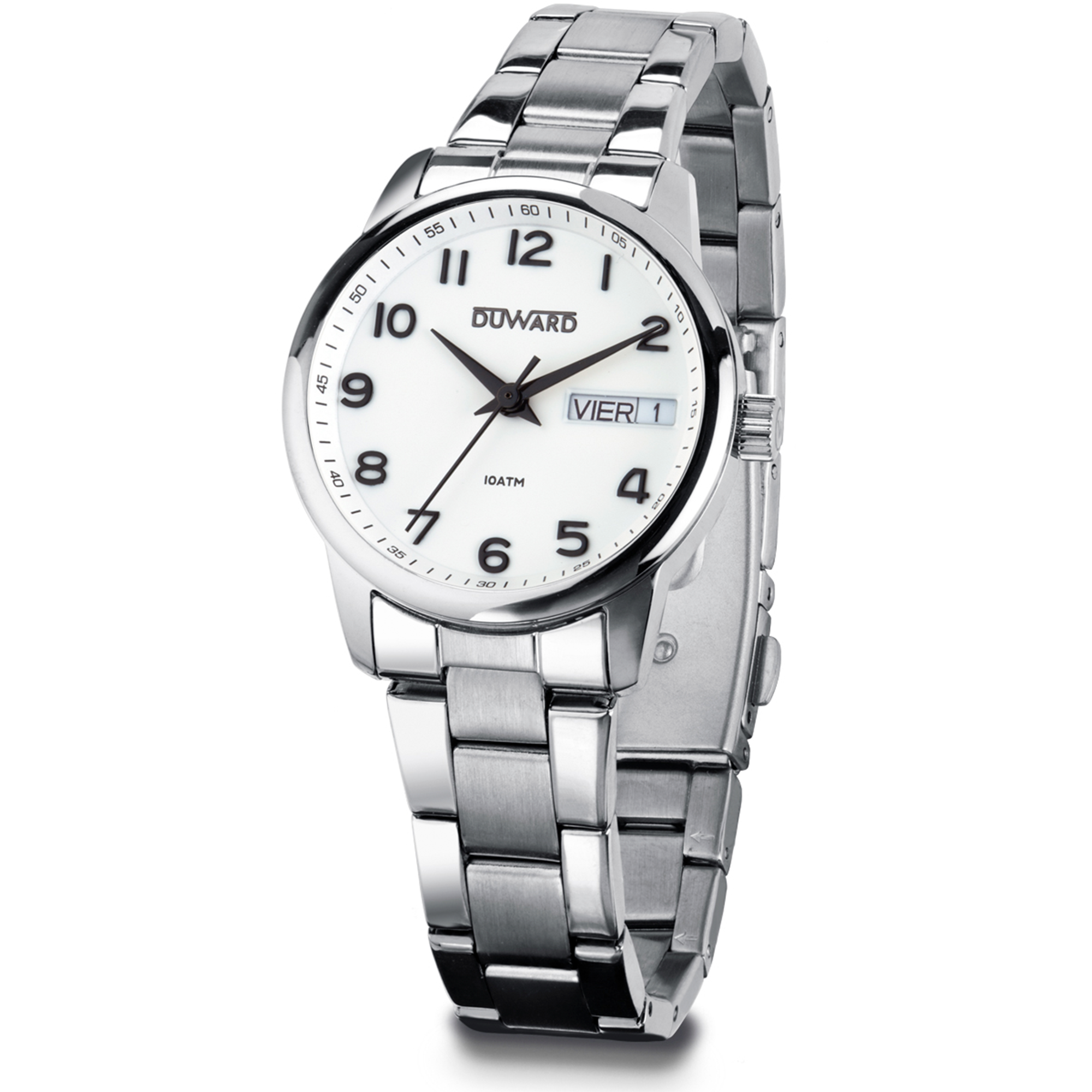 Reloj de mujer de acero 10 atm doble calendario y numeros arabes