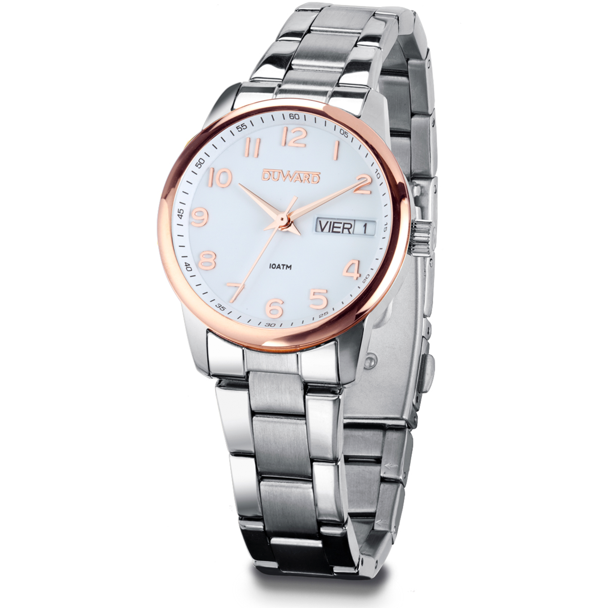Reloj de mujer de acero con bisel Ip rosado 10 atm doble calendario y numeros arabes