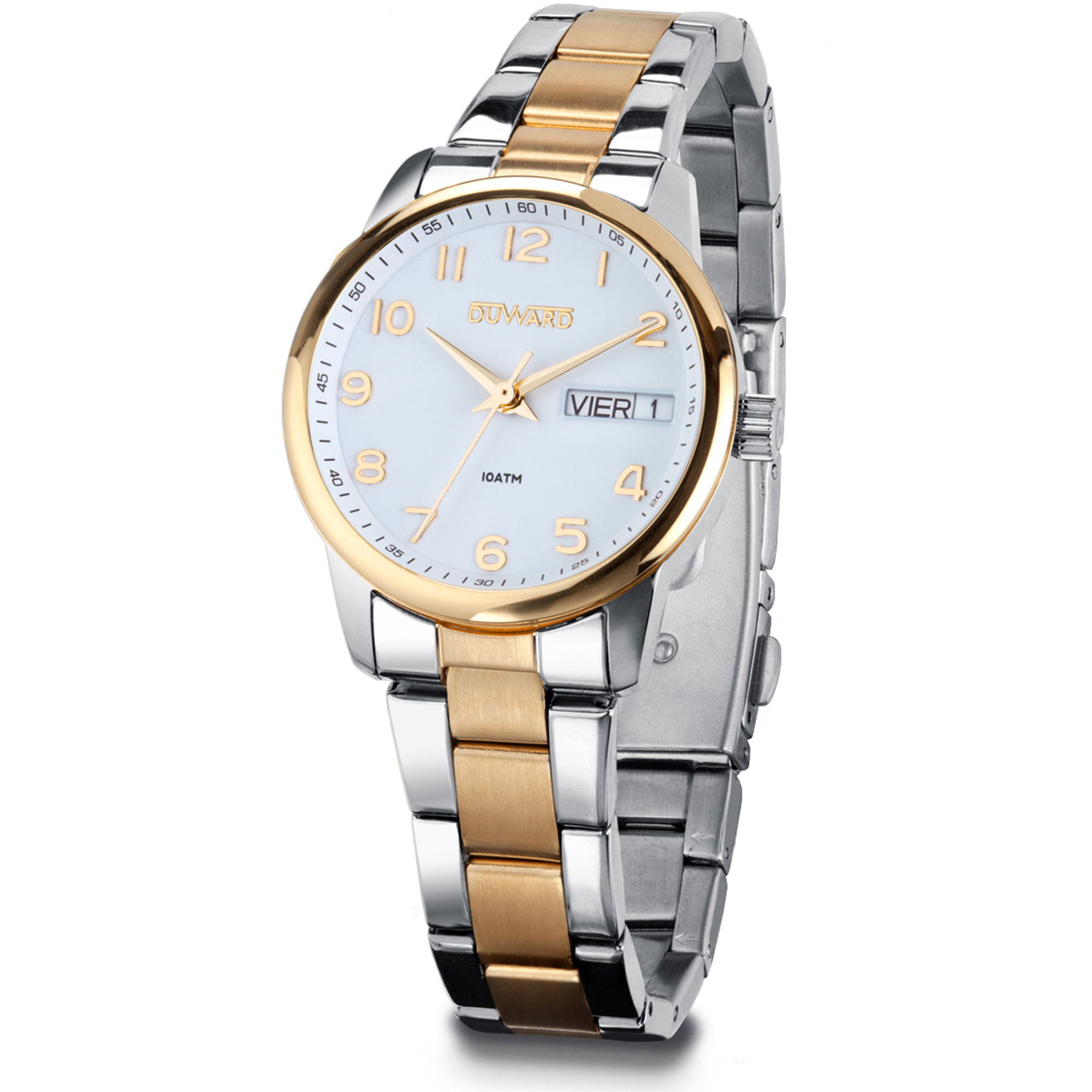 Reloj demujer de acero bicolor Ip dorado 10 atm doble calendario y numeros arabes
