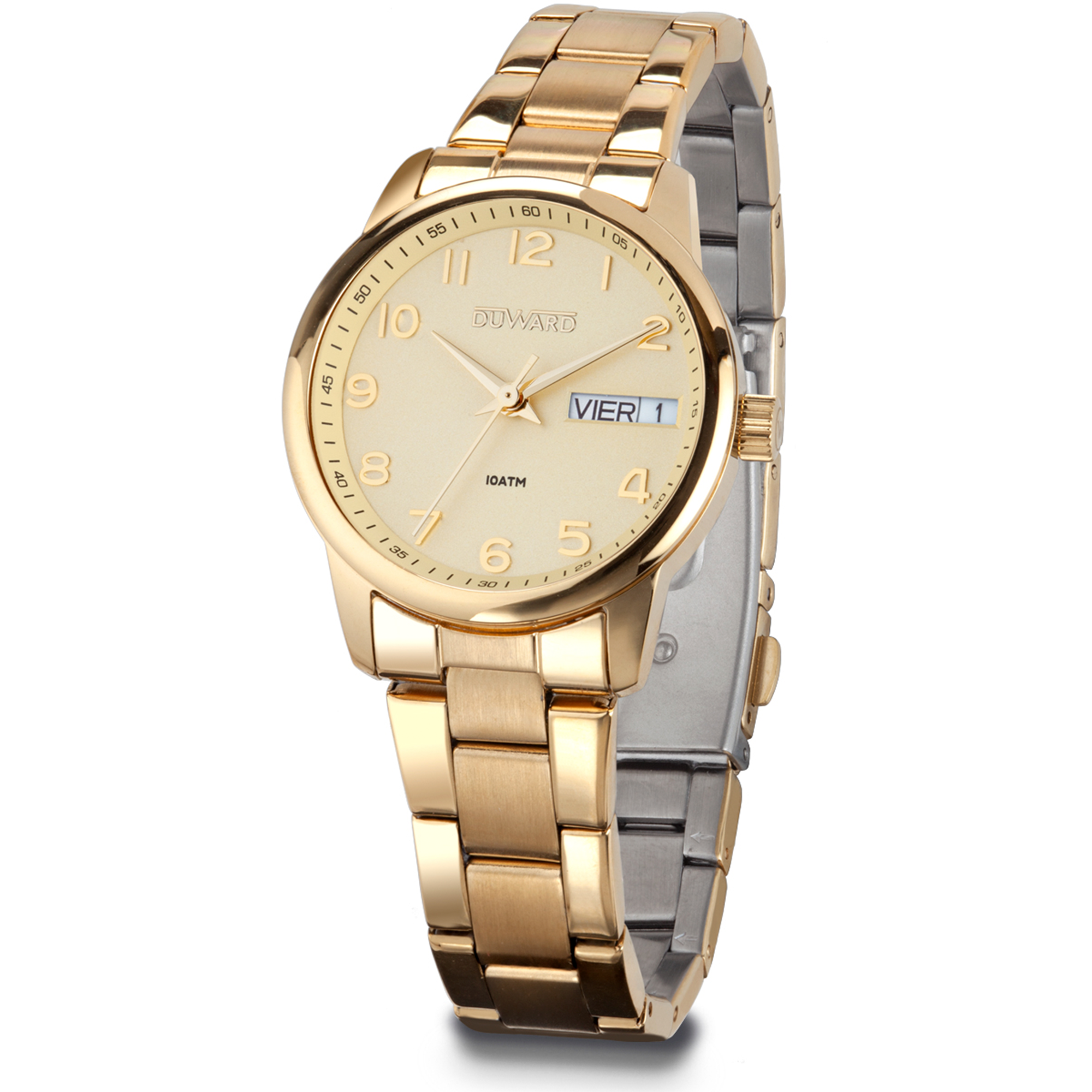 Reloj demujer de acero Ip dorado 10 atm doble calendario y numeros arabes
