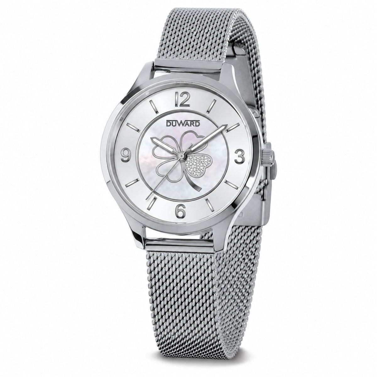 Reloj de mujer de acero y malla esfera plata trebol