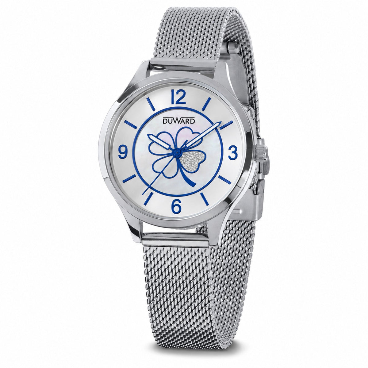 Reloj de mujer de acero y malla esfera plata azul trebol