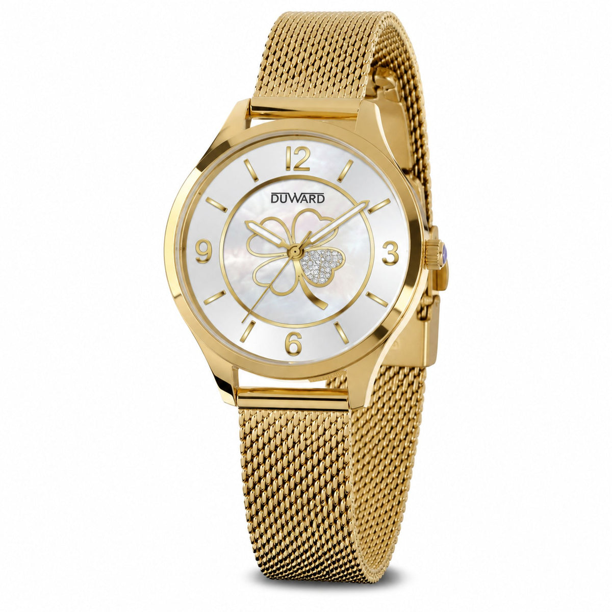 Reloj de mujer acero IPdorado esfera plata dorada trebol