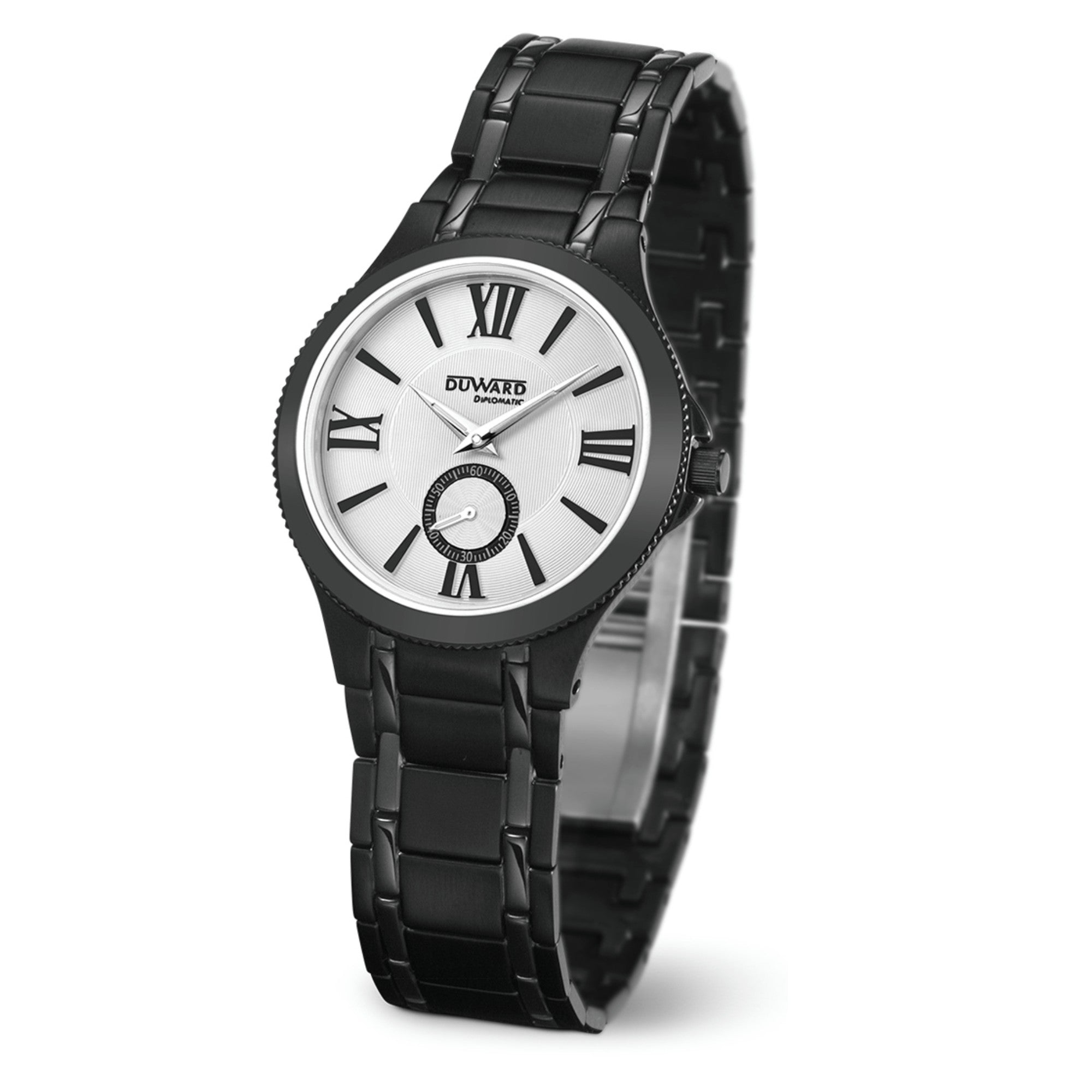 Reloj de Mujer Elegante acero IP negra esfera blanca numeros romanos