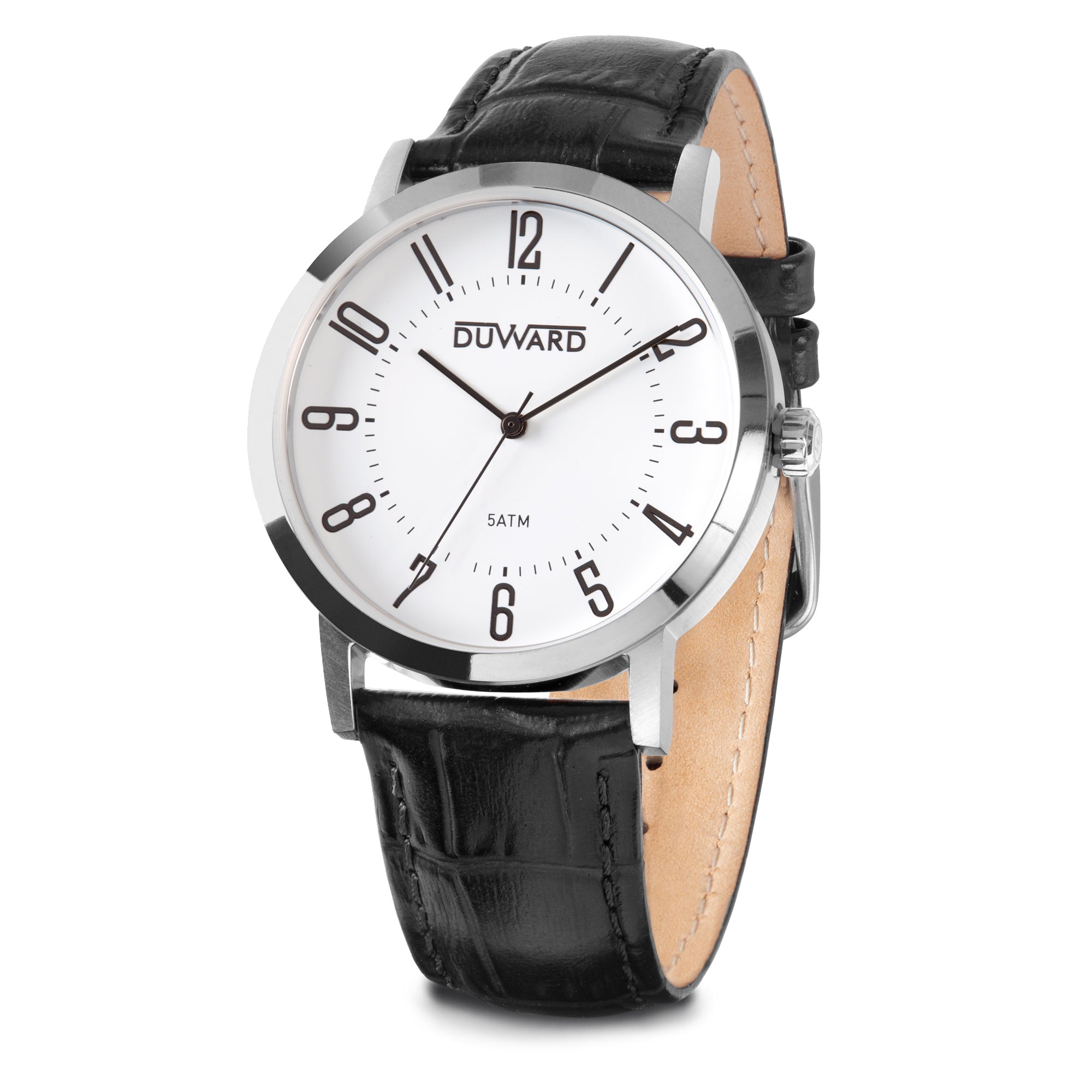 Reloj hombre caja acero 5 atm correa de piel negra esfera blanca