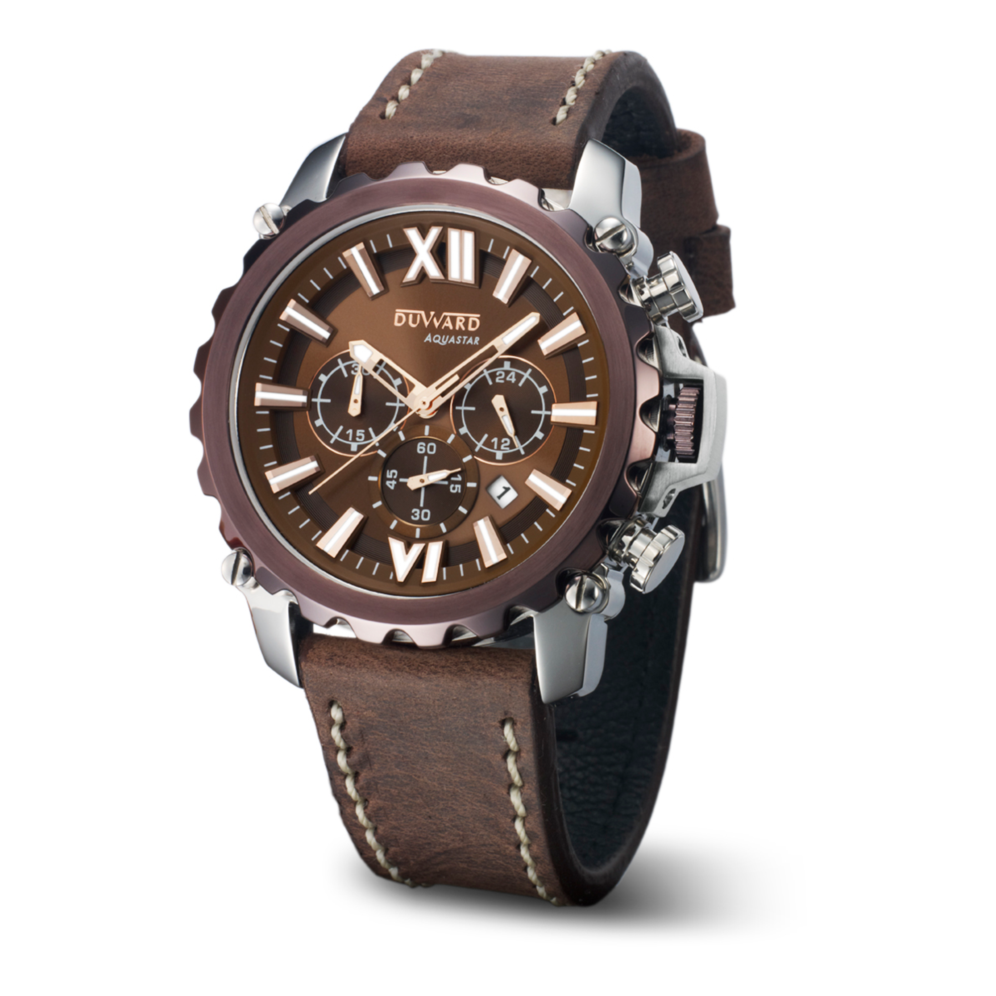 Reloj DUWARD Aquastar caja bicolor acero Ip marrón 10 atm y correa de piel