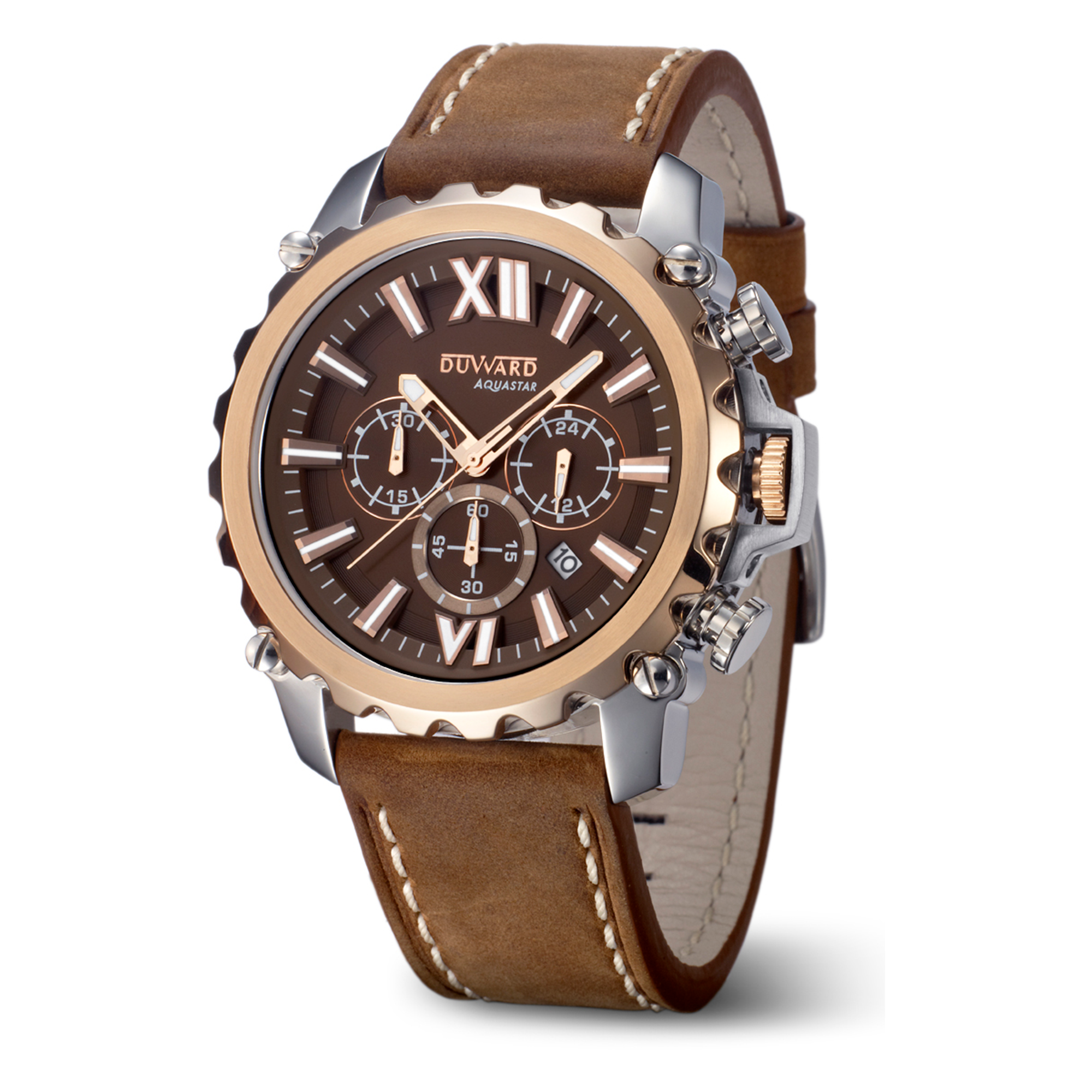 Reloj DUWARD Aquastar caja bicolor acero Ip rosado con esfera blanca y correa de piel camel 10 atm