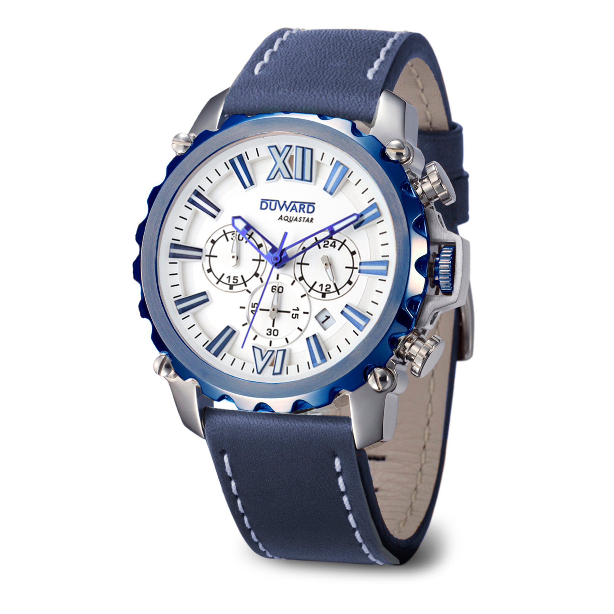 Reloj DUWARD Aquastar caja bicolor acero Ip dorado con esfera y correa de piel negra 10 atm