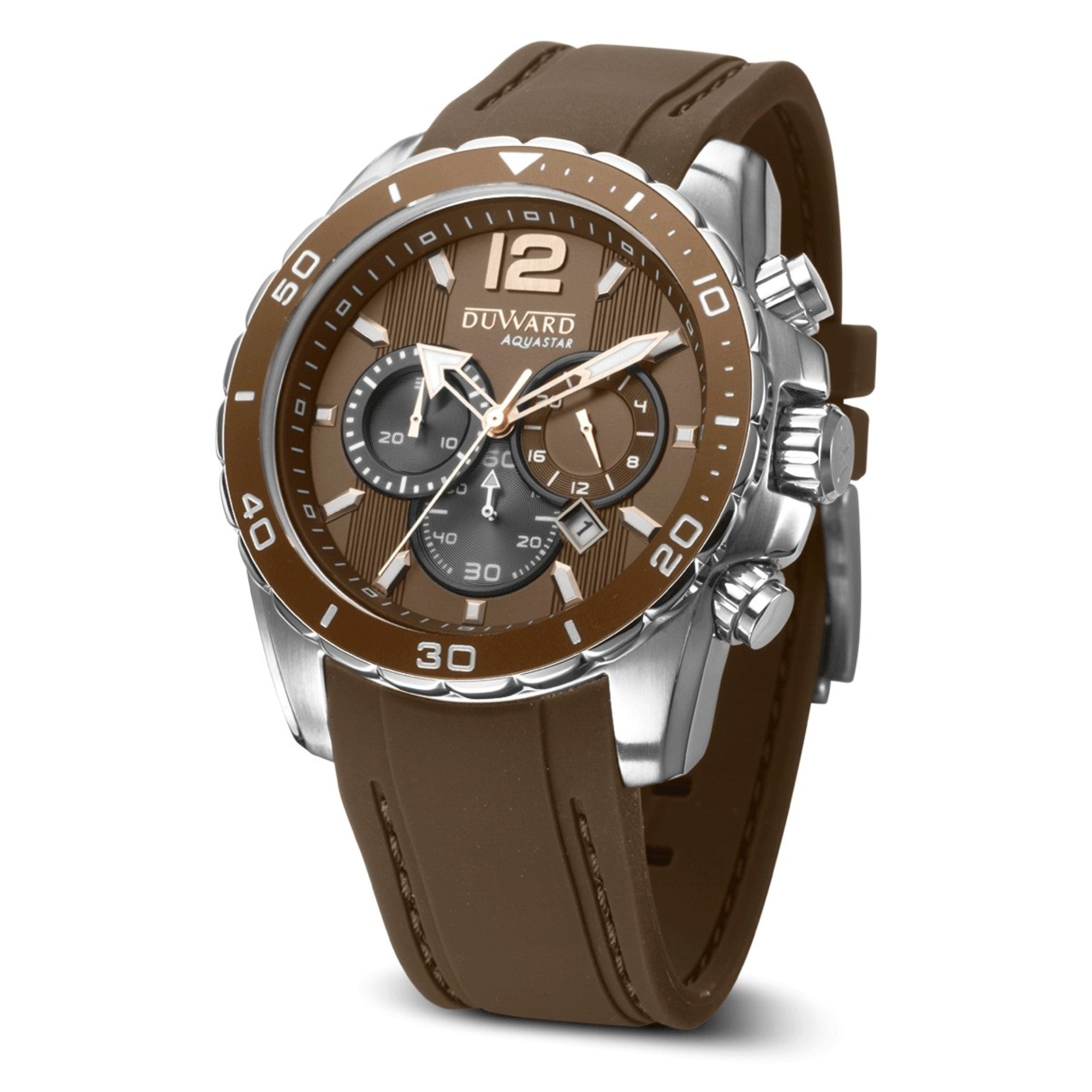 Reloj Hombre Deportivo DUWARD Aquastar Cronógrafo caja acero marron
