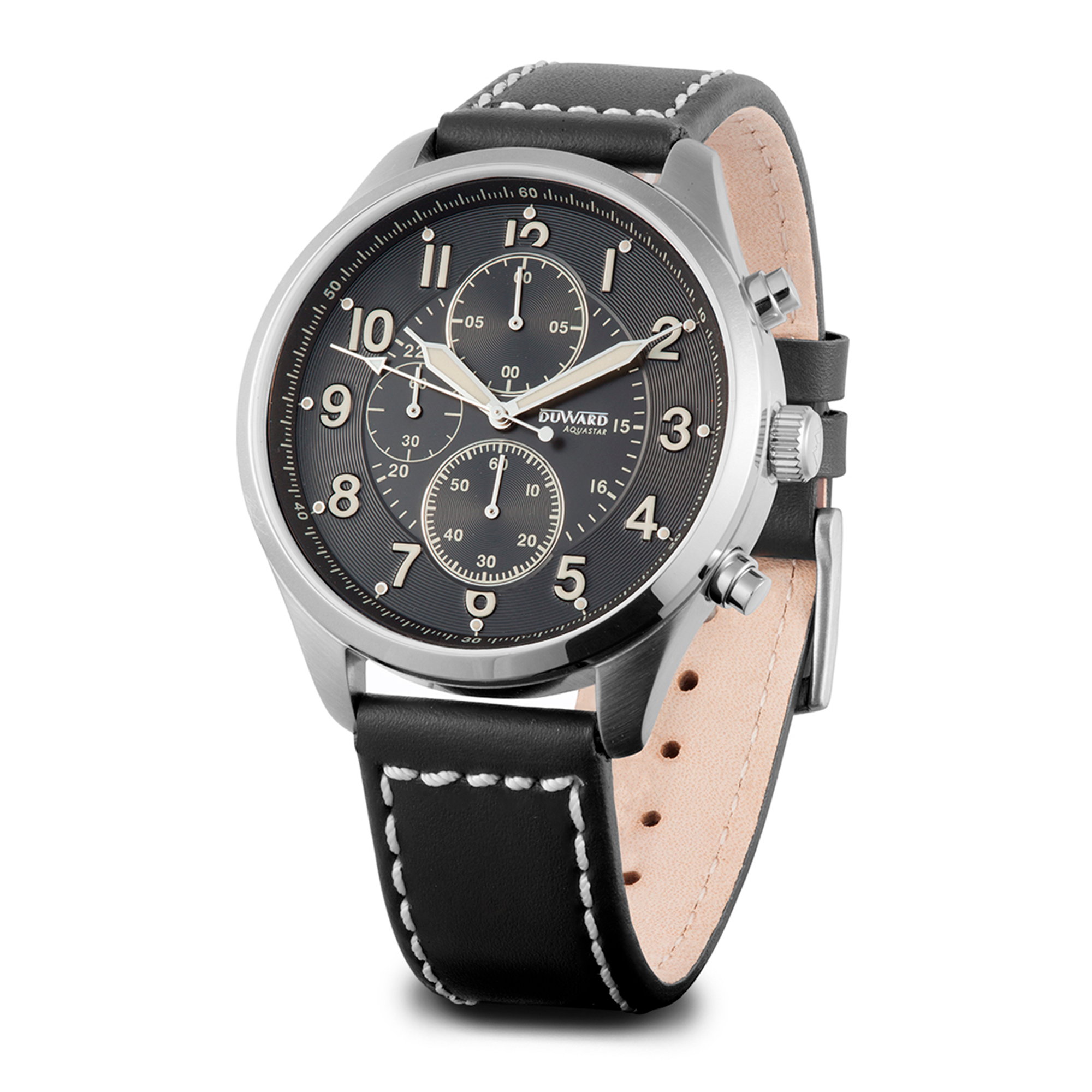 Reloj DUWARD Aquastar de acero 5 atm y correa de piel negra