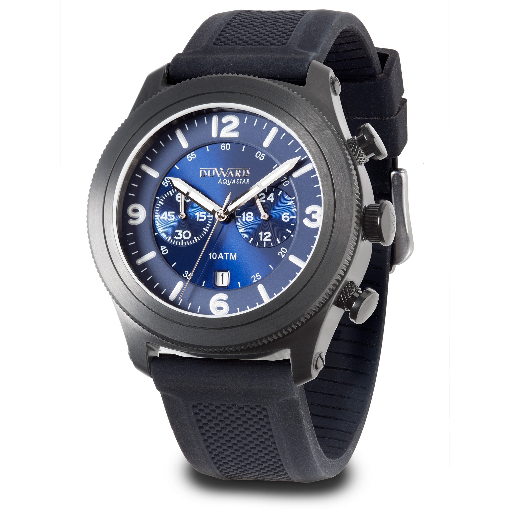 Reloj Deportivo DUWARD Aquastar Cronógrafo caja acero IP negra esfera azul