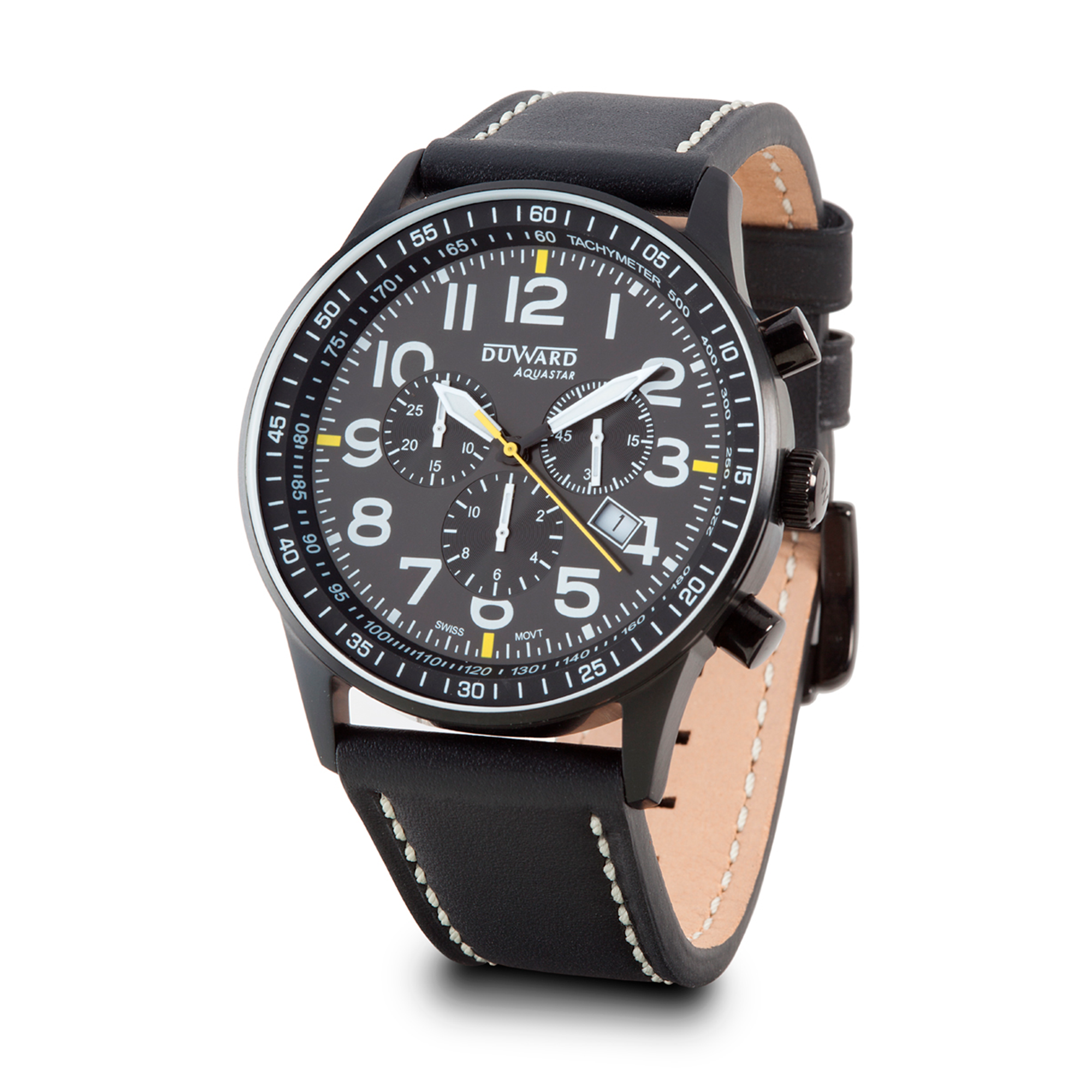 Reloj de hombre DUWARD Aquastar caja de acero ip negro cronografo con movimiento suizo 10 atm
