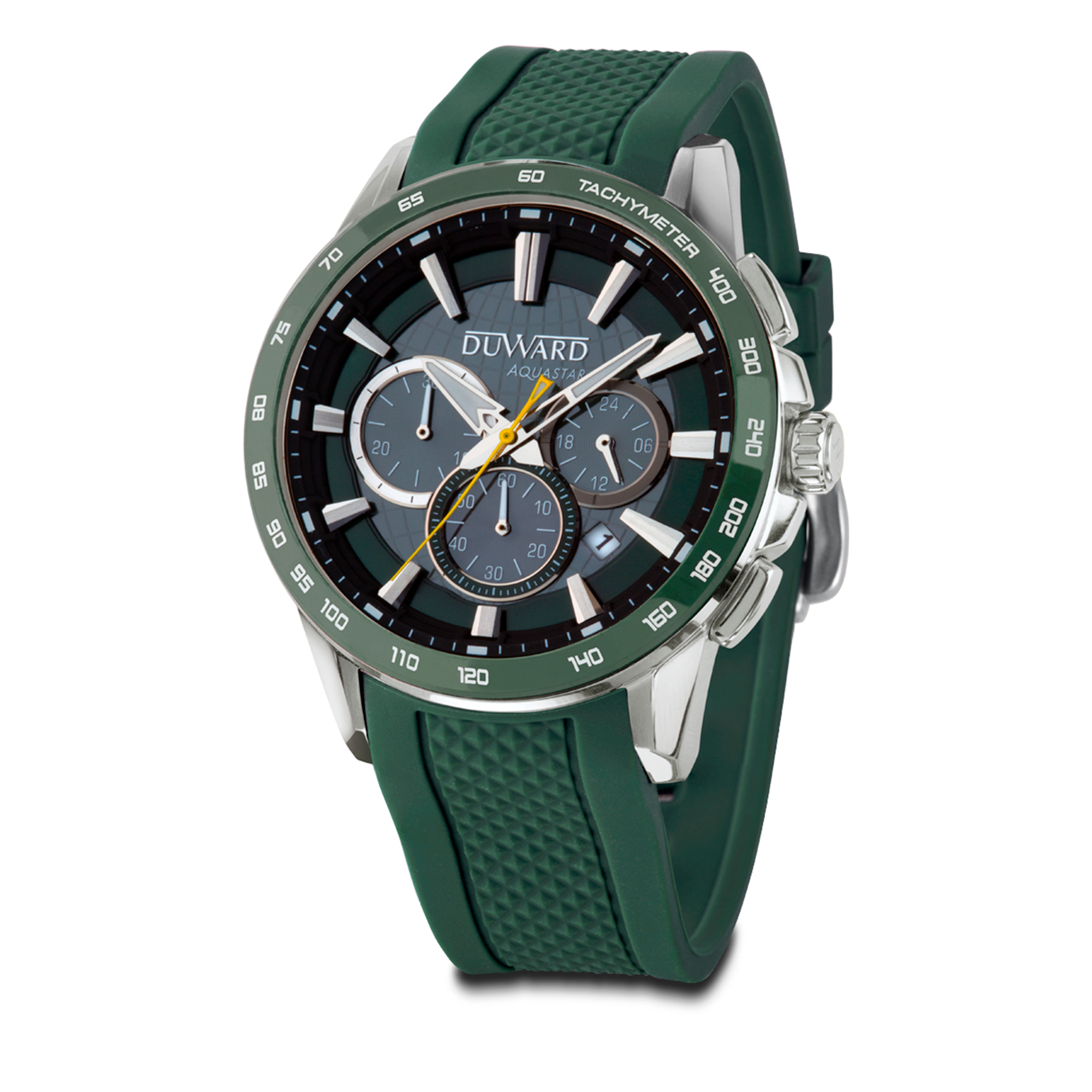 Reloj DUWARD Aquastar cronógrafo de acero bisel cermica verde 10 ATM y correa silicona