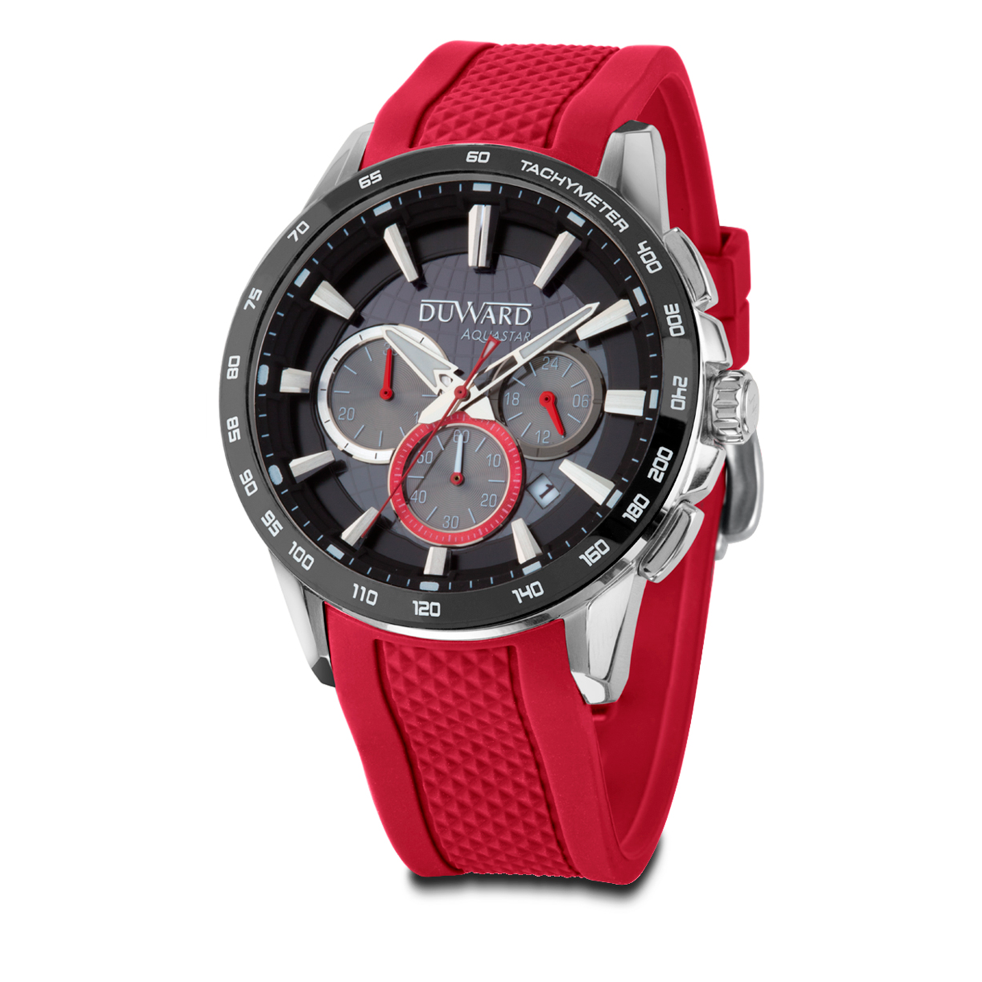 Reloj DUWARD Aquastar cronógrafo de acero bisel cermica azul 10 ATM y correa silicona