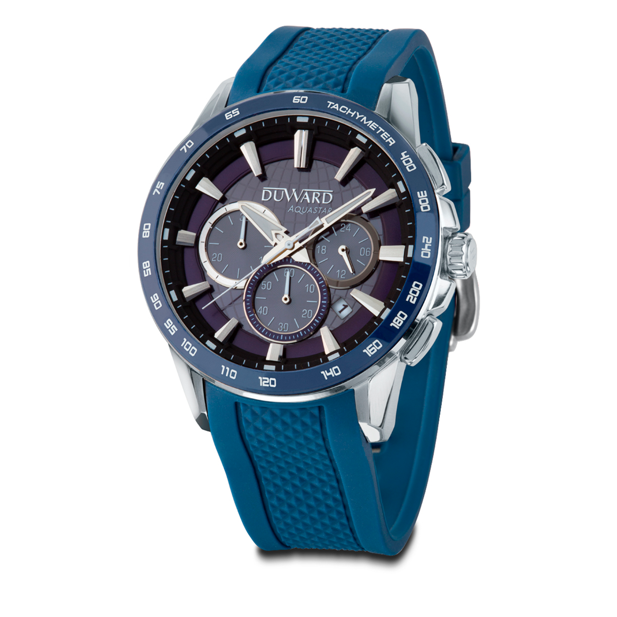 Reloj  DUWARD Aquastar cronógrafo de acero  bisel cermica rojo 10 ATM y correa silicona