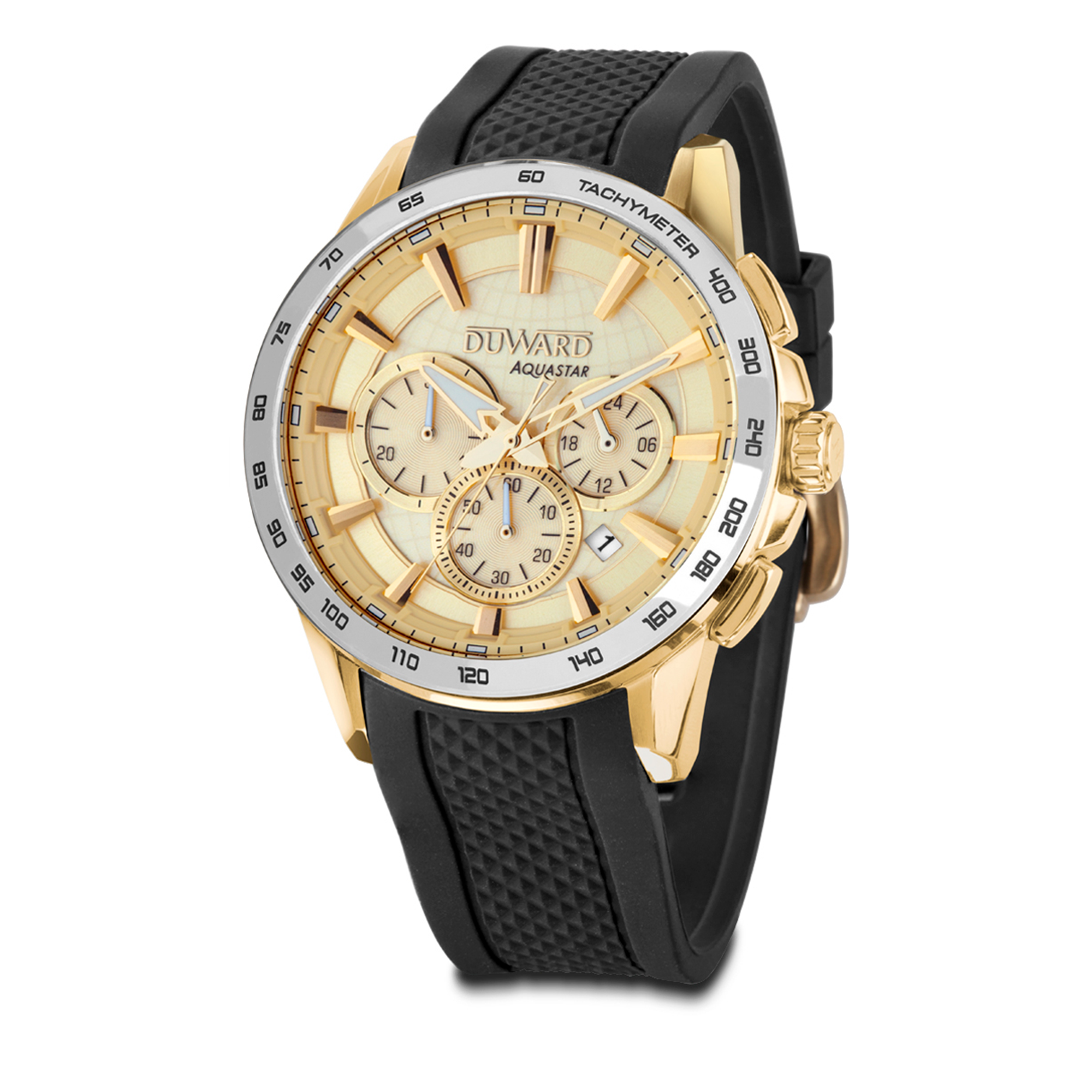 Reloj  DUWARD Aquastar cronógrafo de acero ip dorado bisel cermica 10 atm y correa de silicona