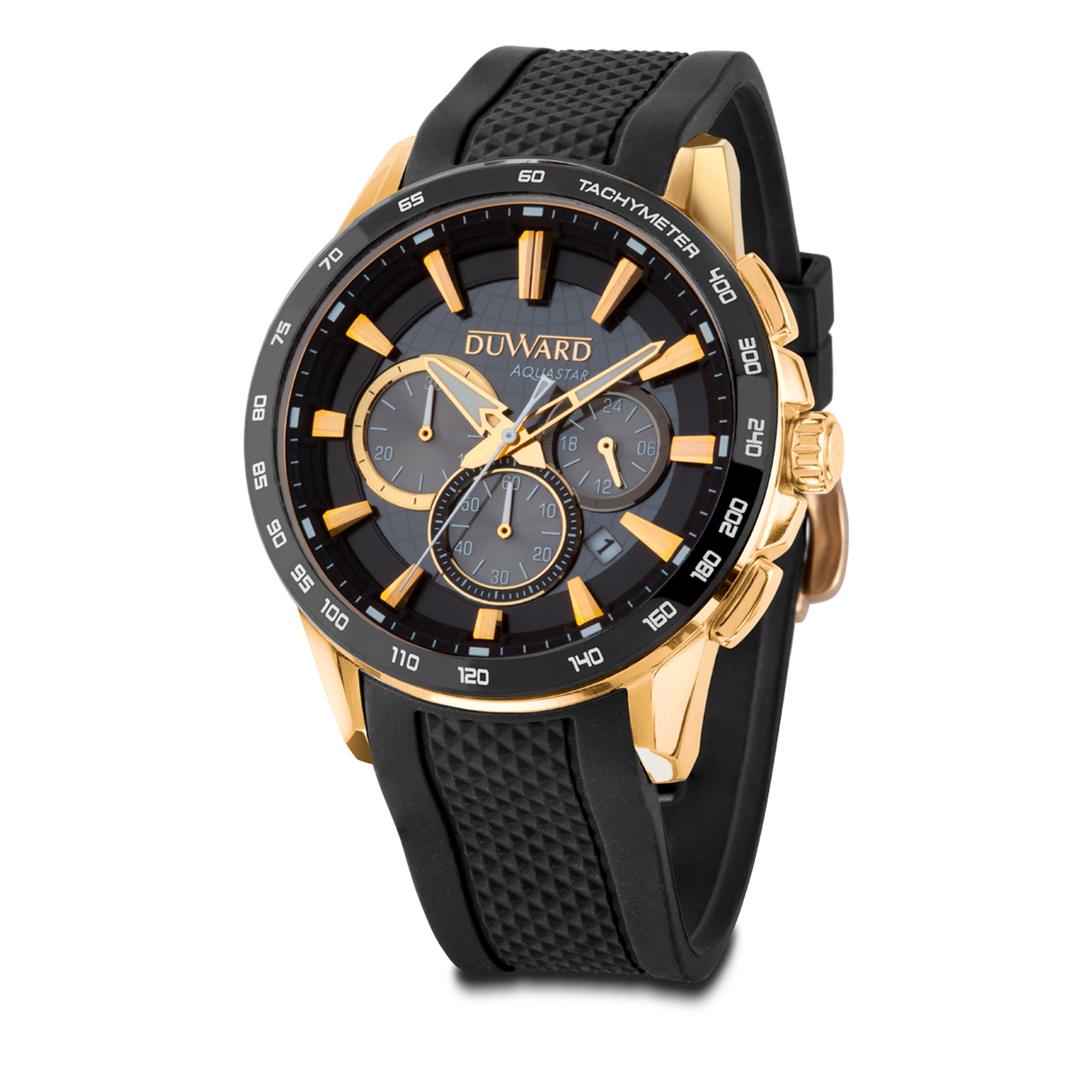 Reloj  DUWARD Aquastar cronógrafo de acero ip dorado bisel cermica 10 atm y correa de silicona negra