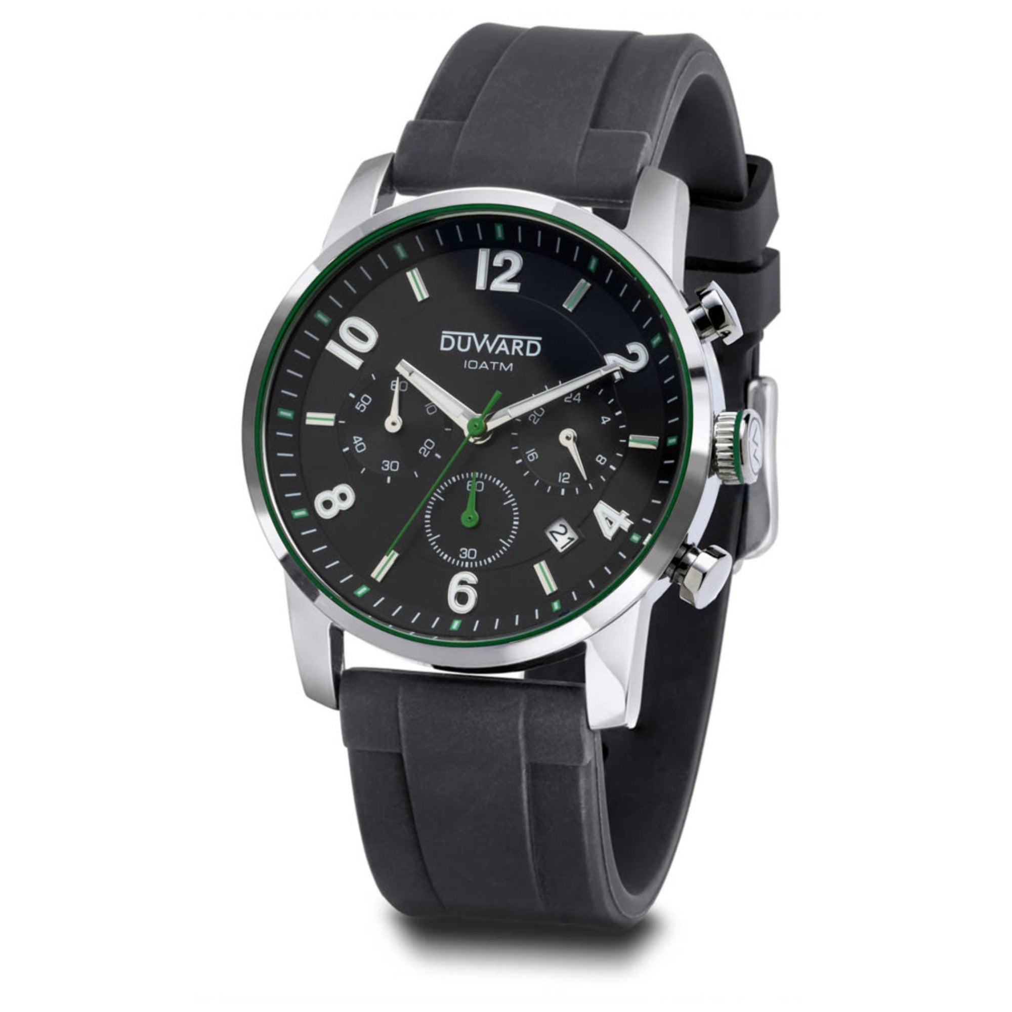 Reloj de Caballero correa y Caja de acero Cronógrafo esfera negra y verde
