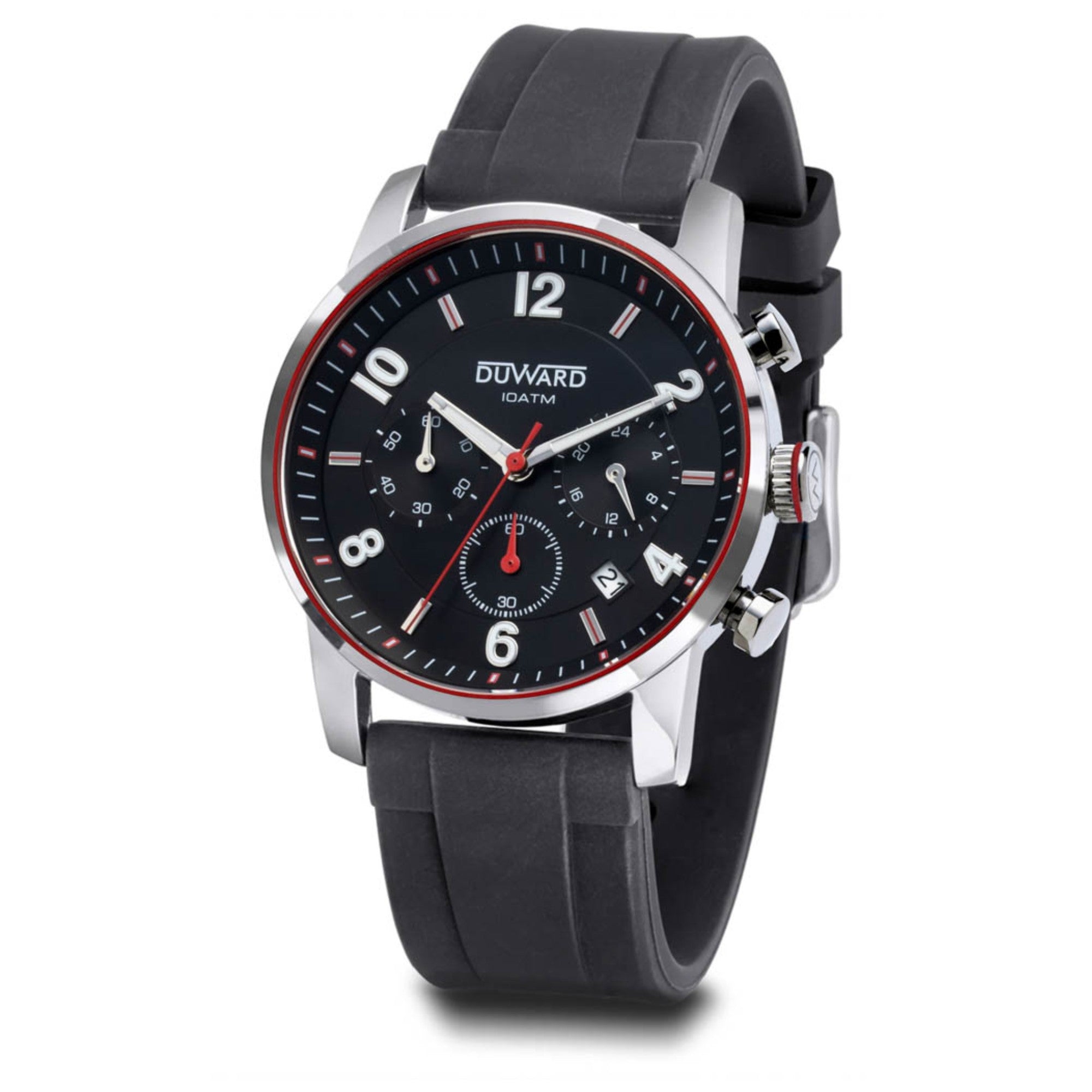 Reloj de Caballero correa y Caja de acero Cronógrafo esfera negra y roja