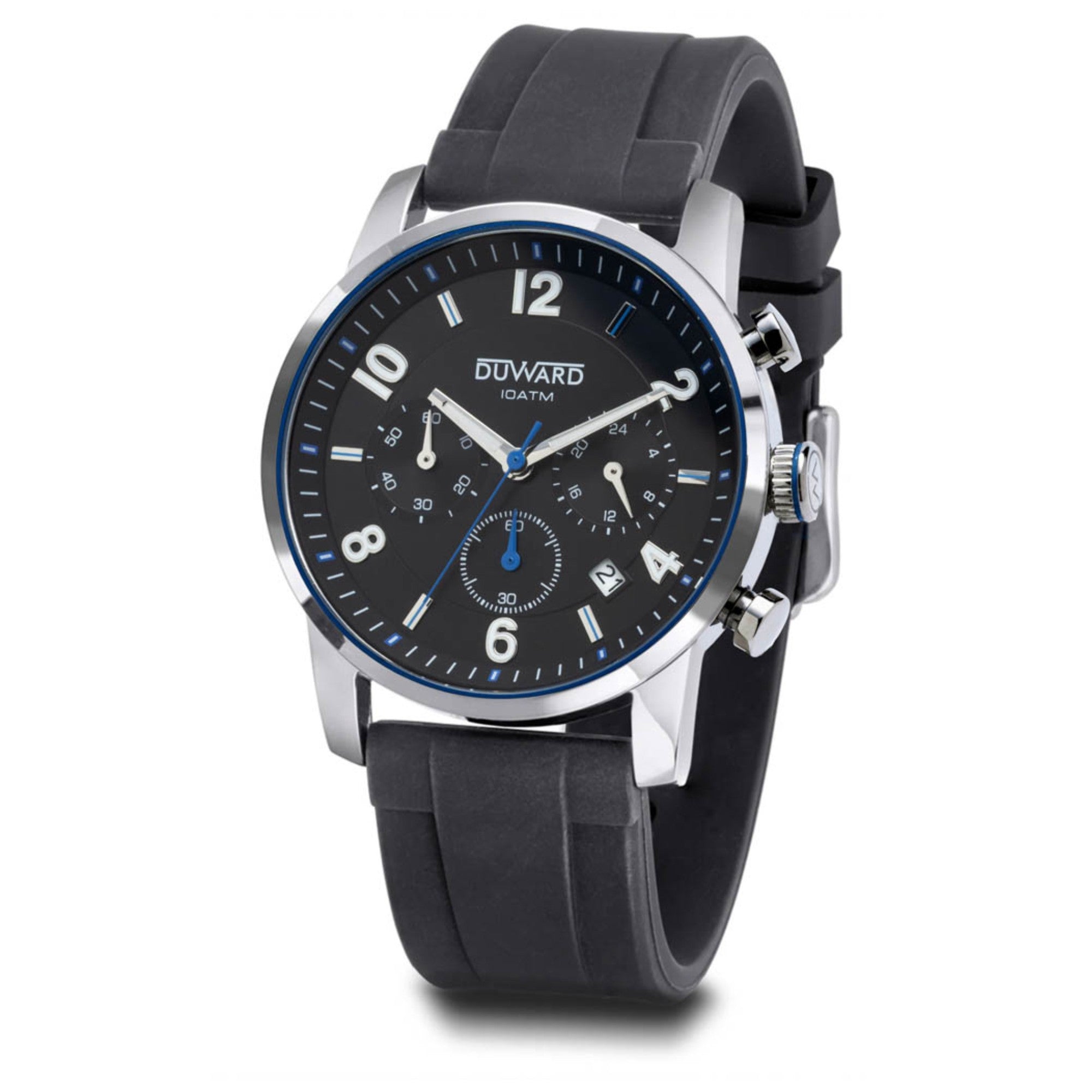 Reloj de Caballero correa y Caja de acero Cronógrafo esfera negra y azul