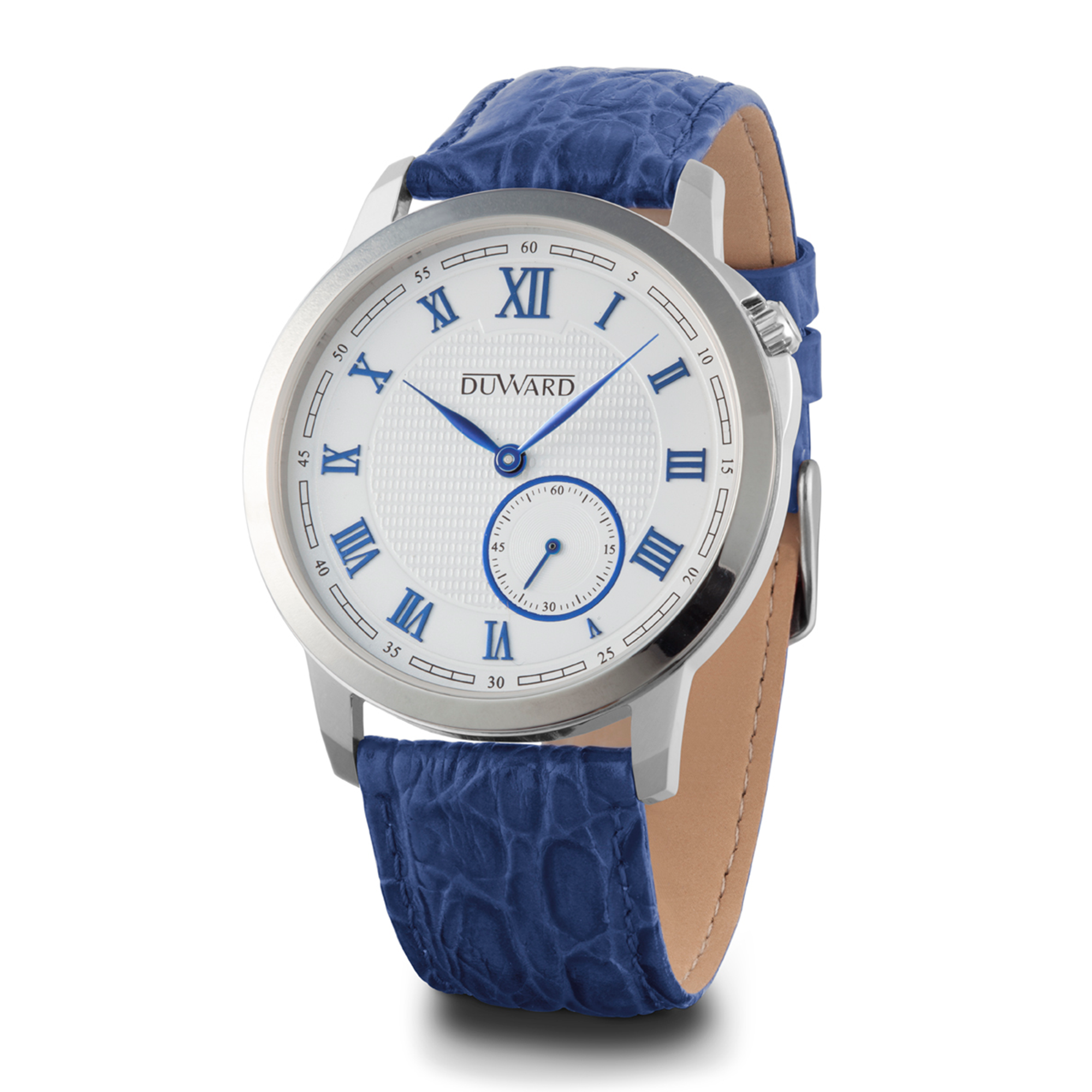 Reloj de hombre con caja acero esfera azul e números romanos plateados con correa piel azul