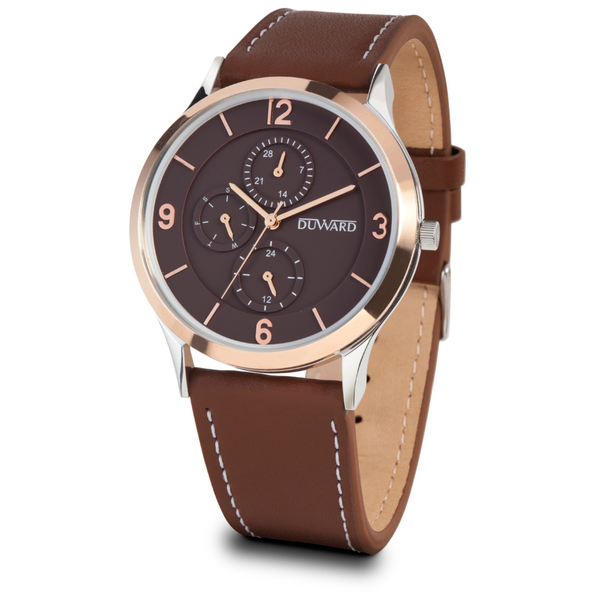 Reloj de hombre multifunción caja acero bisel ip rosado esfera marron