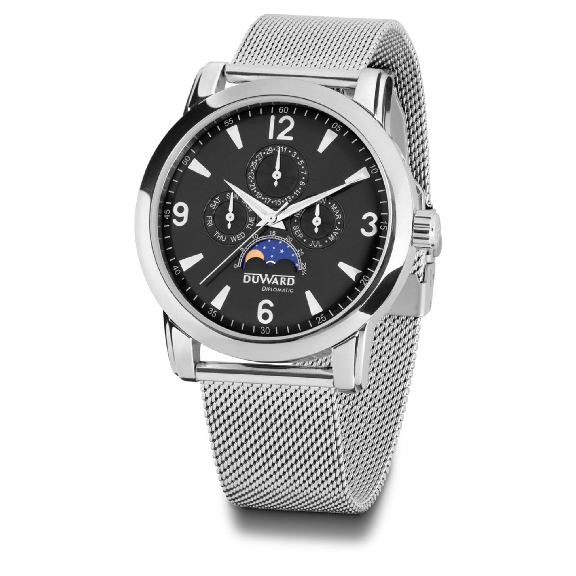 Reloj de Hombre de acero Multifunción con fase lunar esfera negra