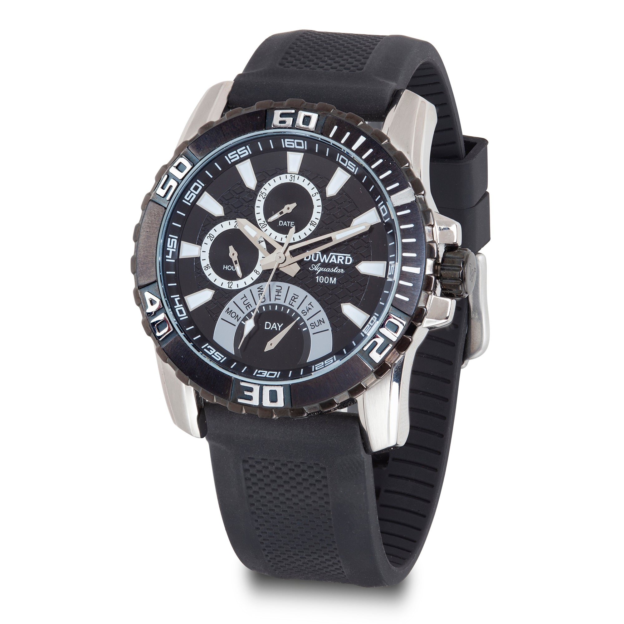 Reloj de caballero Aquastar Multifuncion Acero esfera negra correa negra