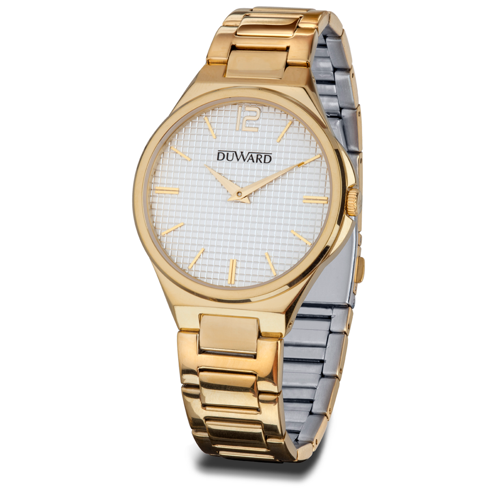 Reloj caja y brazalete de acero ip dorado con movimiento cuarzo 5 atm