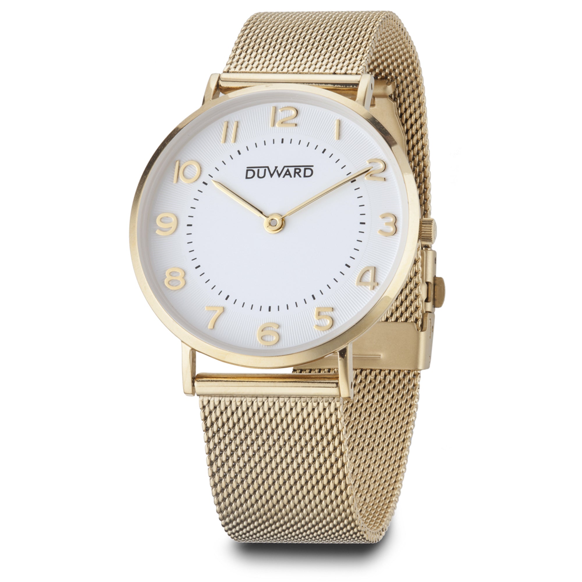 Reloj de hombre con caja extraplana de acero Ip dorado esfera con numeros arabes y malla milanesa acero ip dorado