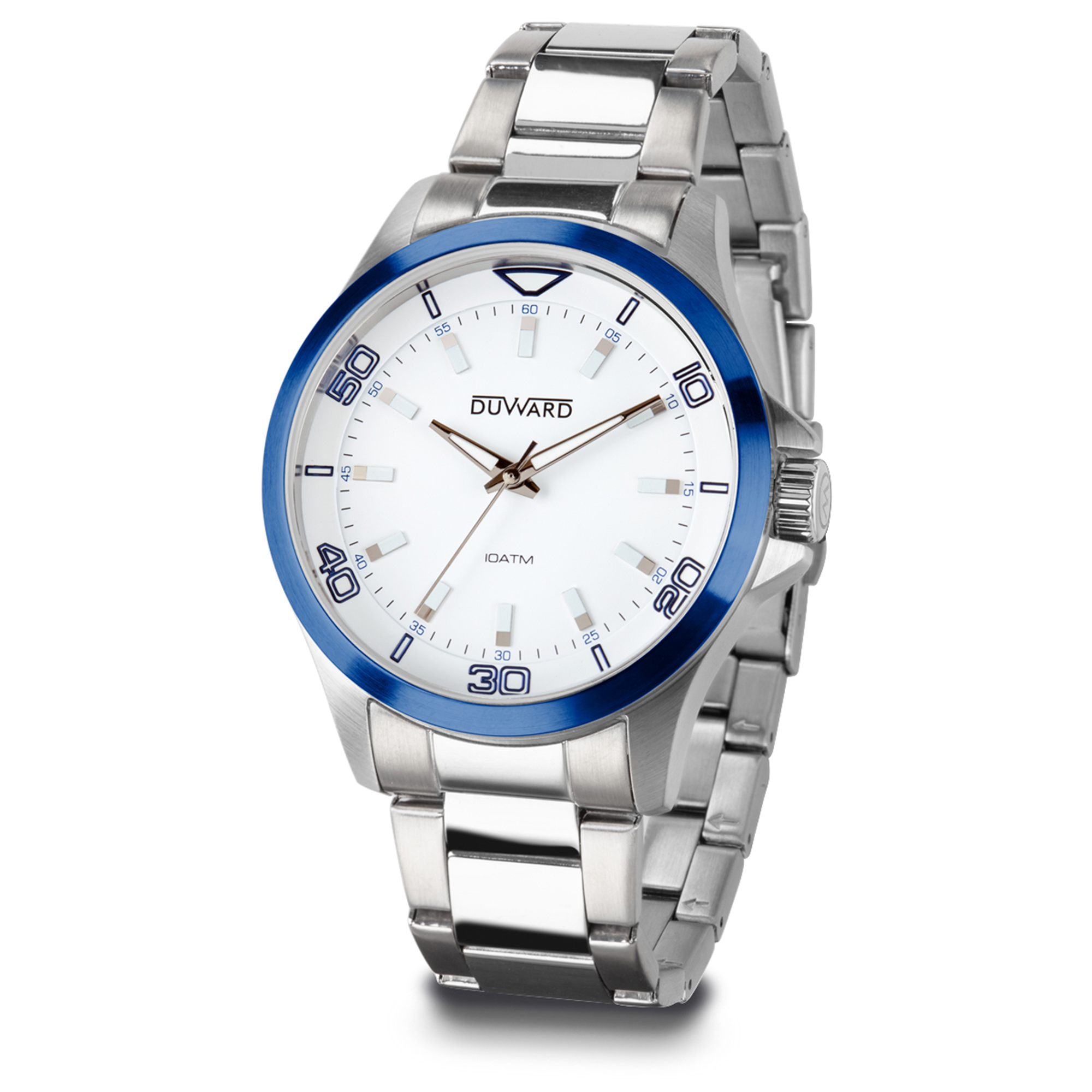Reloj de acero bisel azul con esfera blanca 10 atm