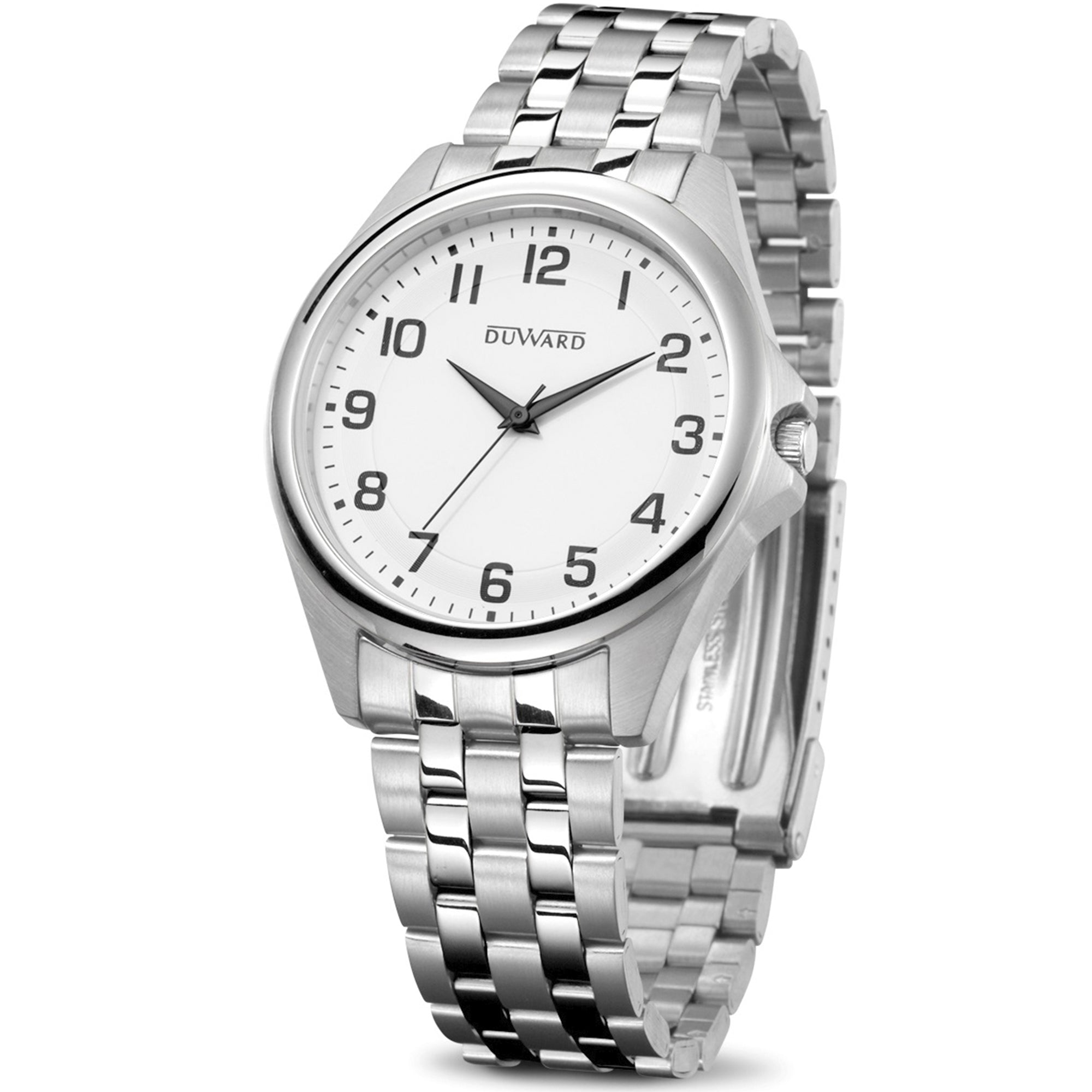 Reloj de acero para hombre 5 atm con esfera blanca números árabes negros y cristal acabado zafiro