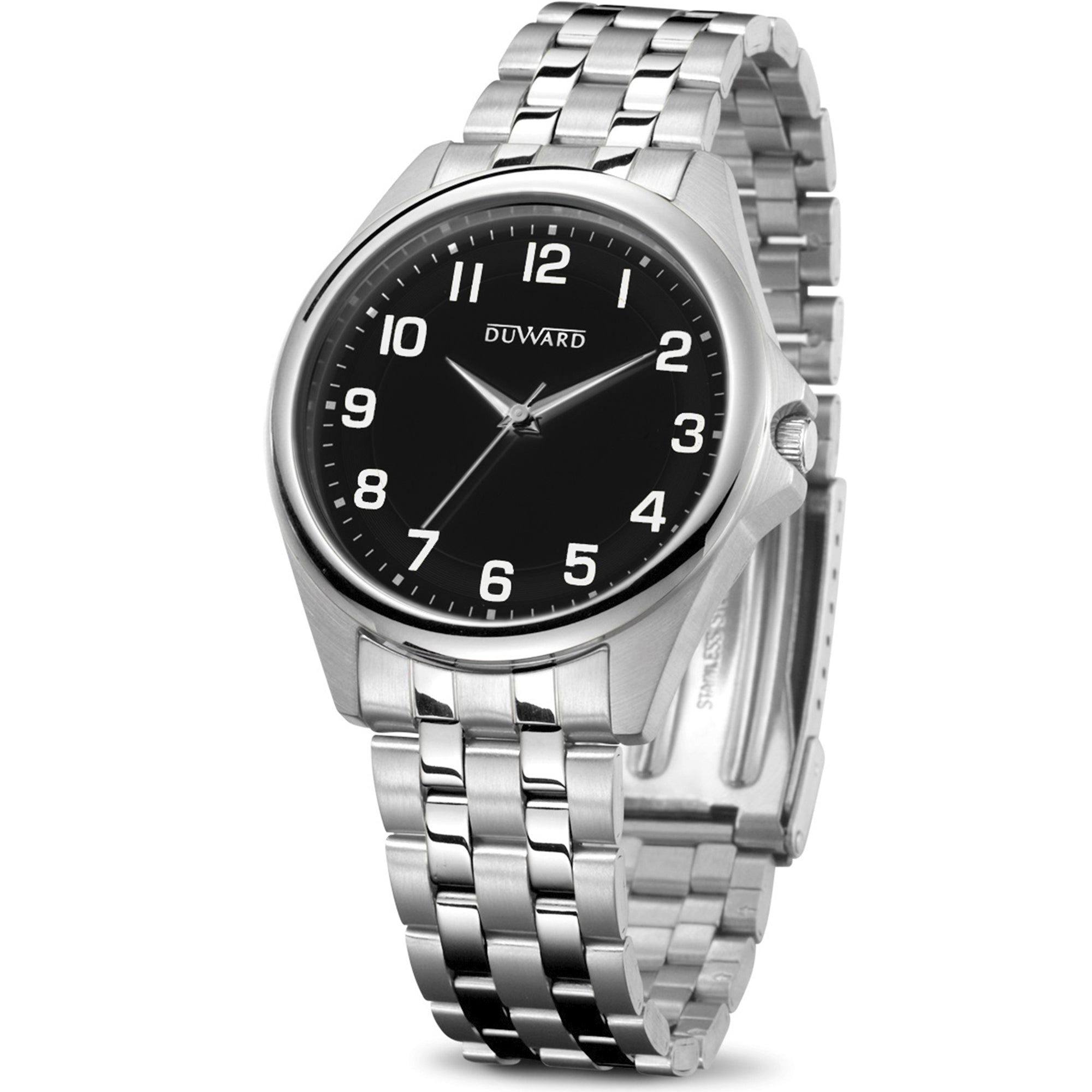 Reloj de acero para hombre 5 atm con esfera negra números árabes blancos y cristal acabado zafiro