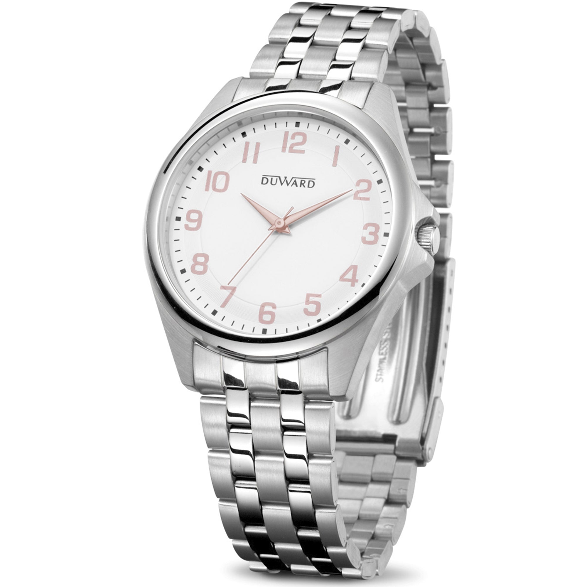 Reloj de acero para hombre 5 atm con esfera blanca números árabes rosados y cristal acabado zafiro