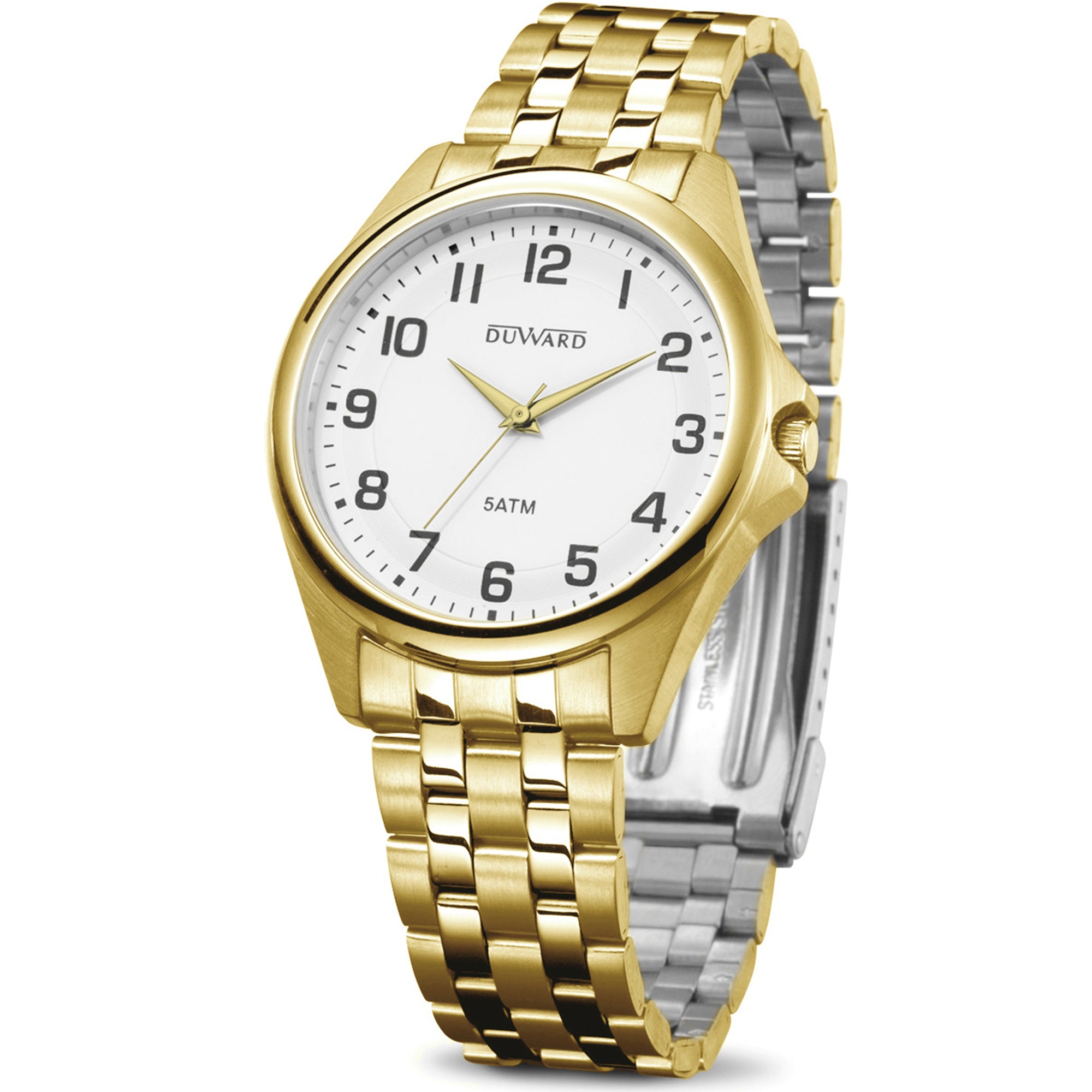 Reloj de acero Ip dorado para hombre 5 atm con esfera blanca números árabes negros y cristal acabado zafiro