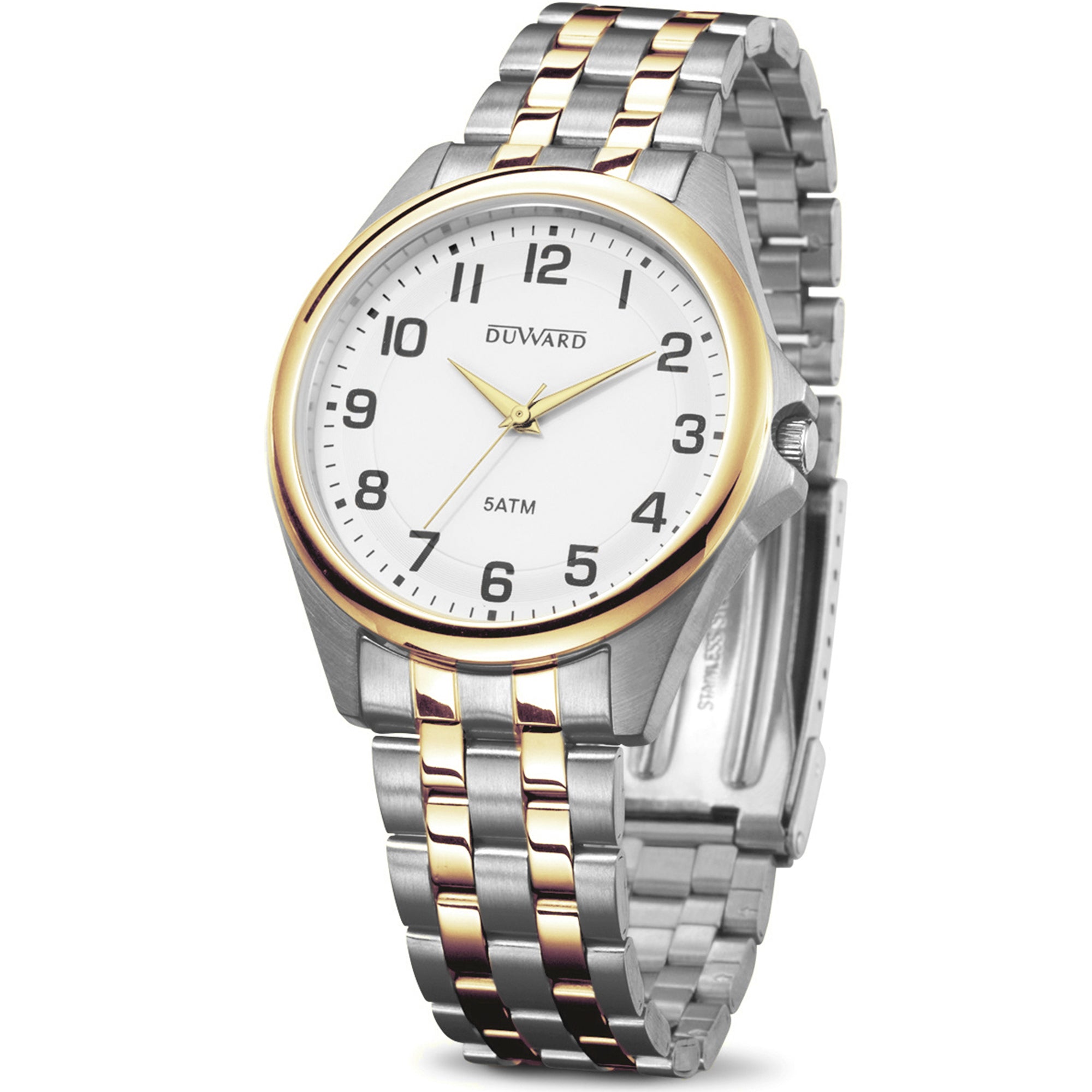 Reloj de acero bicolor Ip dorado para hombre 5 atm con esfera blanca números árabes negros y cristal acabado zafiro