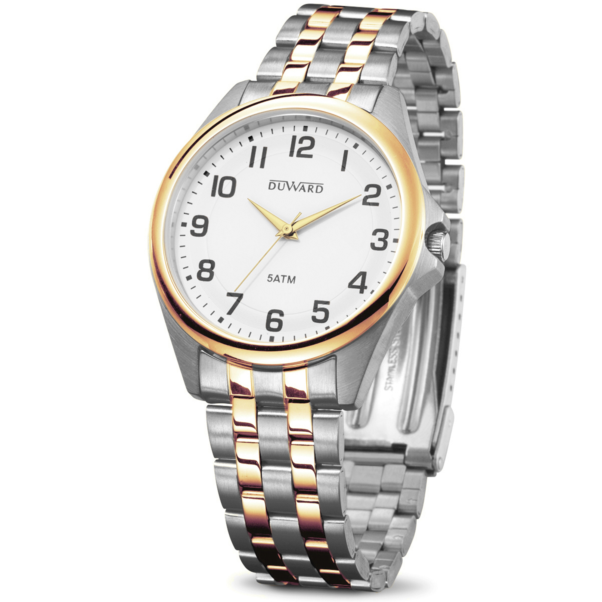 Reloj de acero bicolor Ip dorado para hombre 5 atm con esfera blanca números árabes negros y cristal acabado zafiro