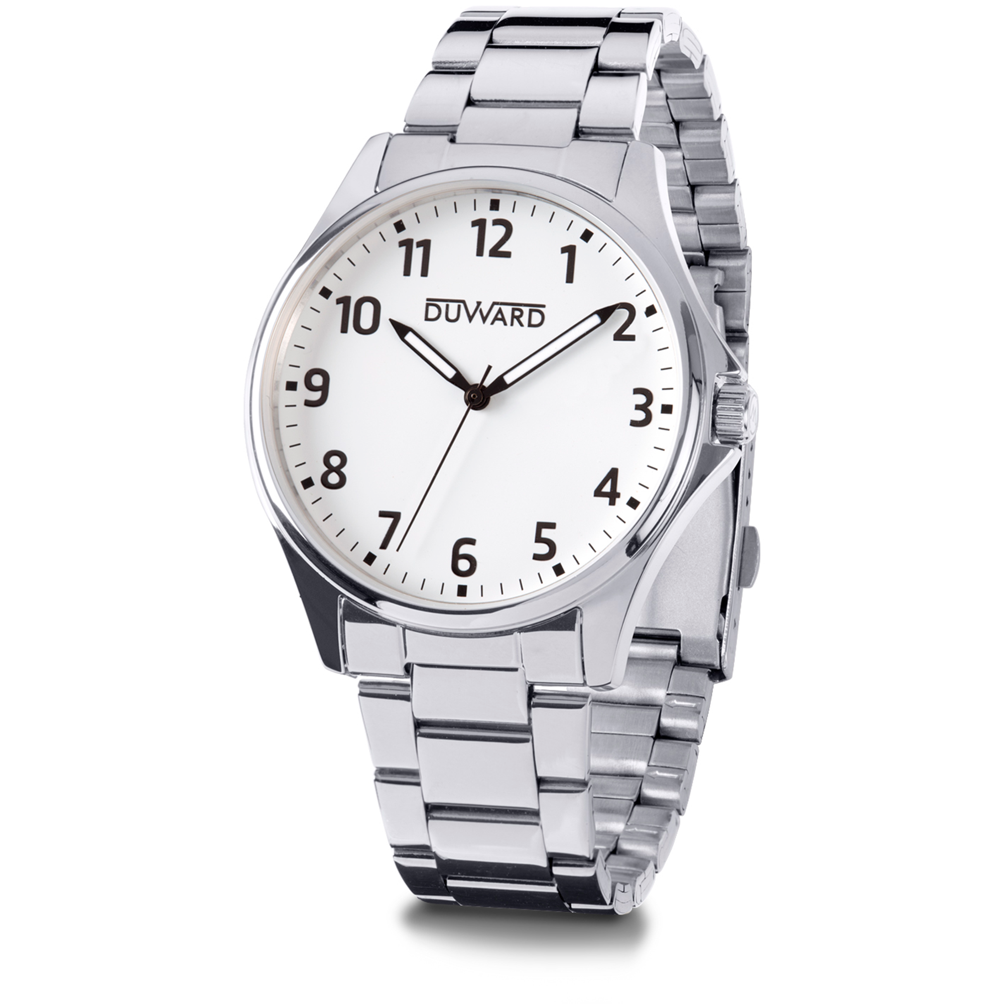 Reloj de acero elegante 5 atm con esfera blanca números árabes negros y cristal acabado zafiro