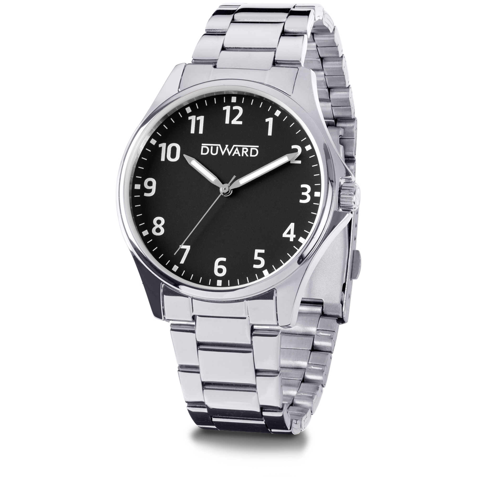 Reloj de acero elegante 5 atm con esfera negra números árabes blancos y cristal acabado zafiro