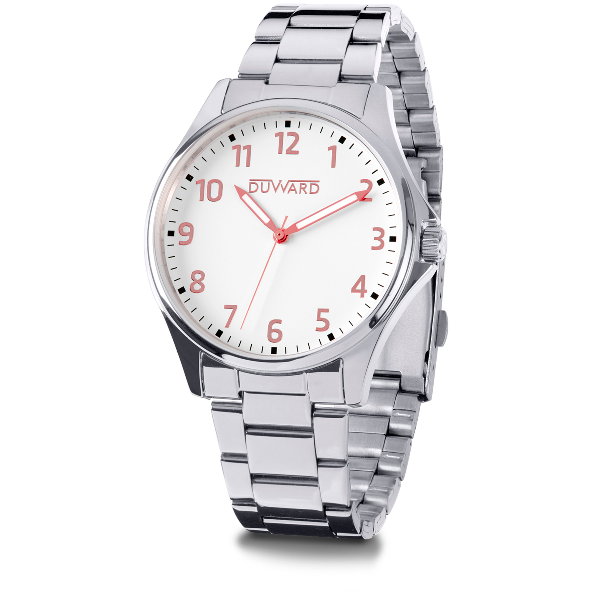 Reloj de acero elegante 5 atm con esfera blanca números árabes rosados y cristal acabado zafiro