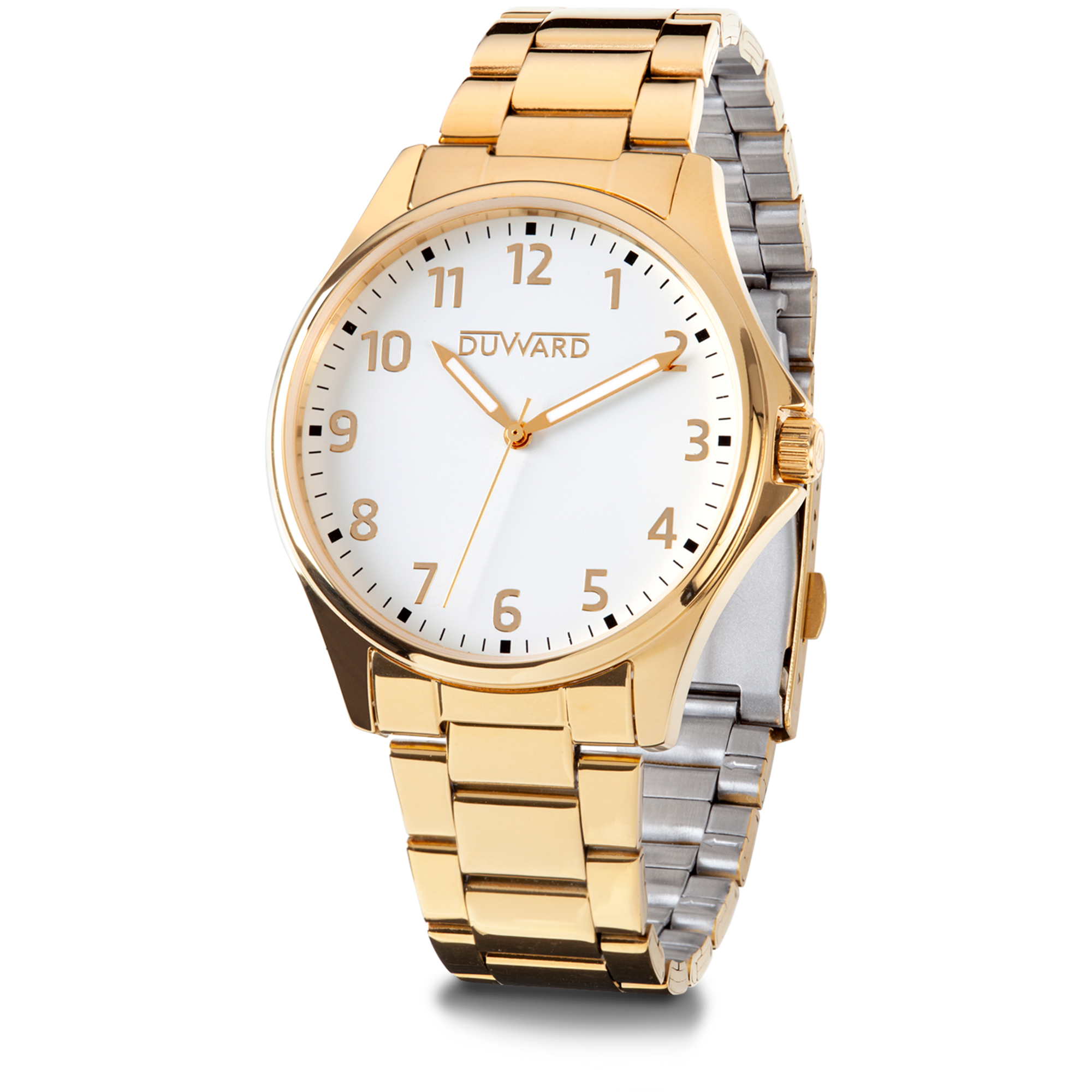 Reloj de acero Ip dorado elegante 5 atm con esfera blanca números árabes dorados y cristal acabado zafiro