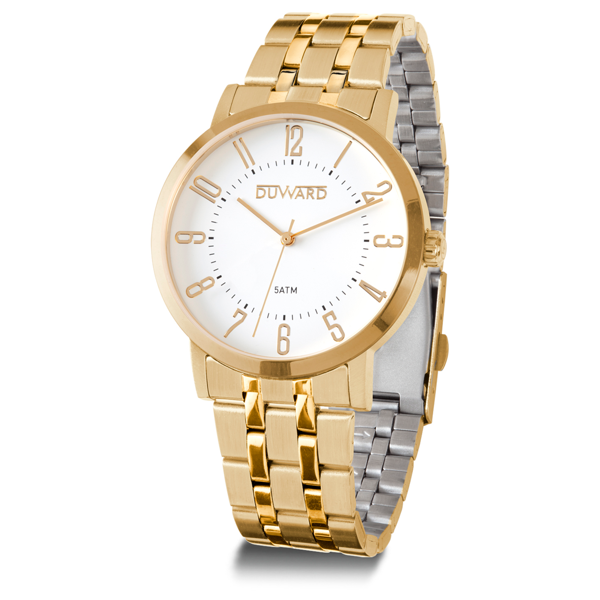 Reloj de hombre de acero Ip dorado 5 atm con esfera blanca numeros arabes dorados