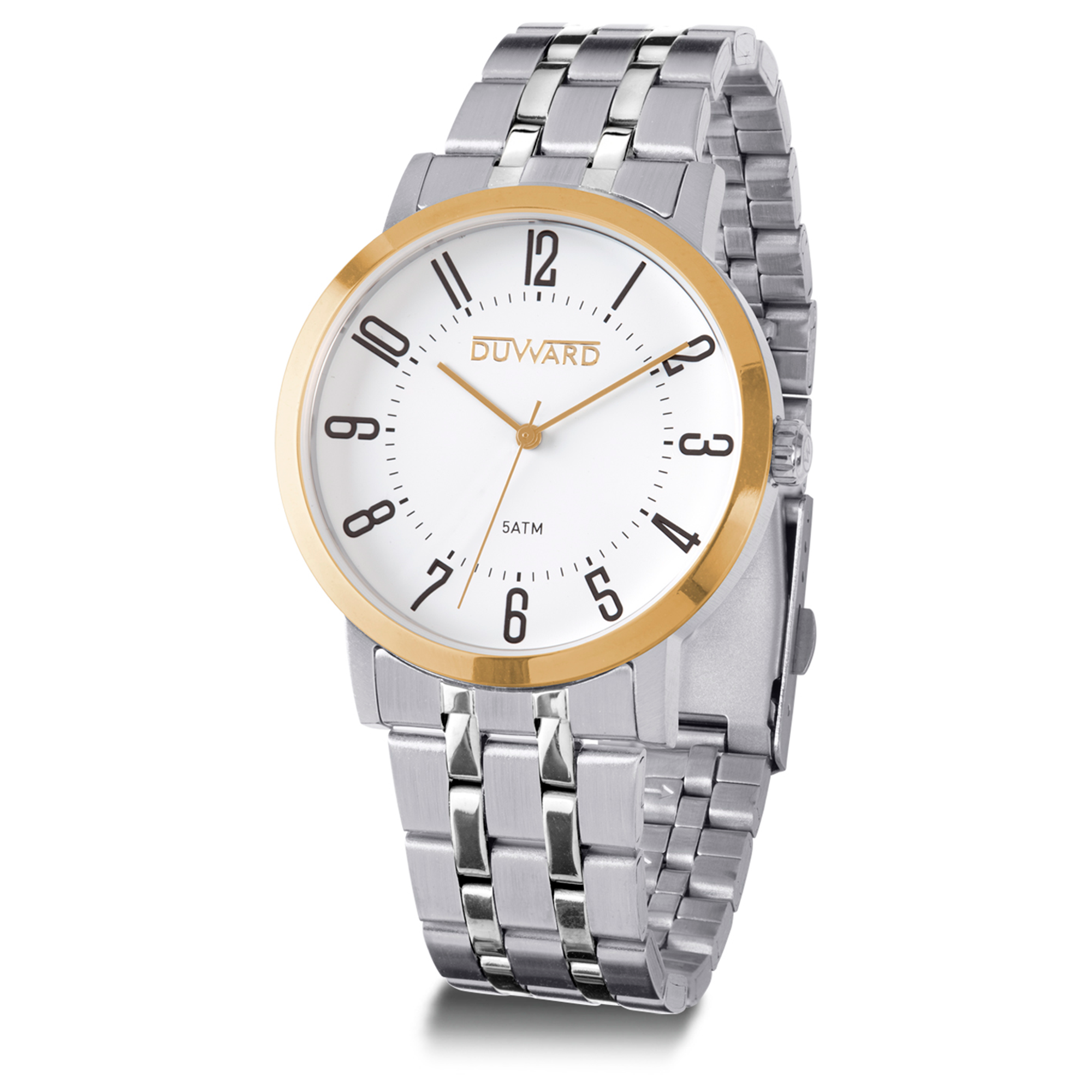 Reloj de hombre de acero con bisel Ip dorado 5 atm esfera blanca numeros arabes negros