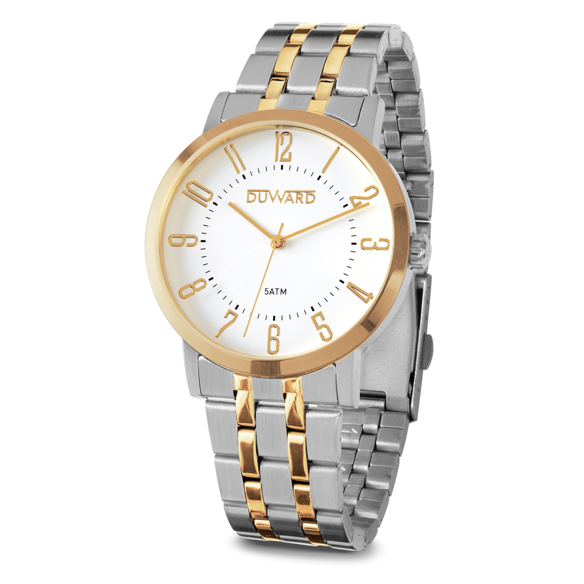 Reloj de hombre bicolor Ip dorado 5 atm esfera blanca numeros arabes dorados