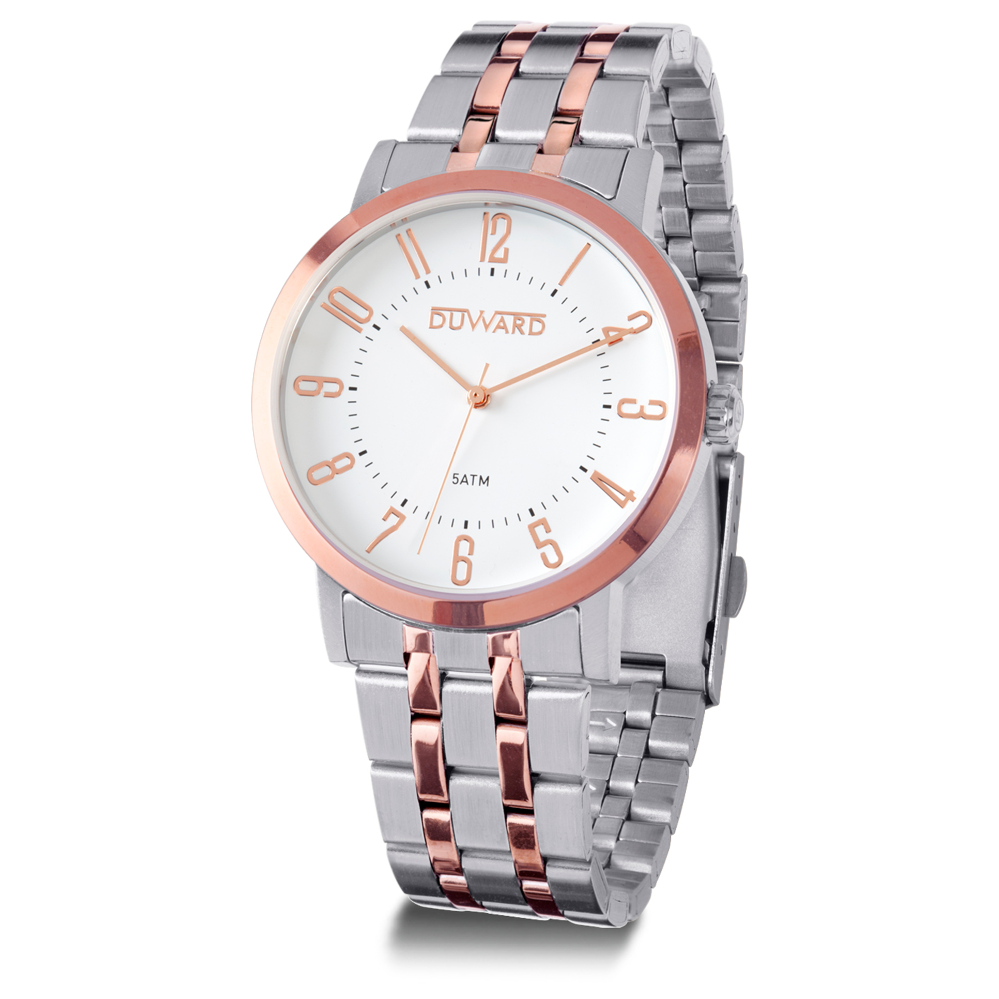 Reloj de hombre bicolor Ip rosado 5 atm esfera blanca numeros arabes rosados