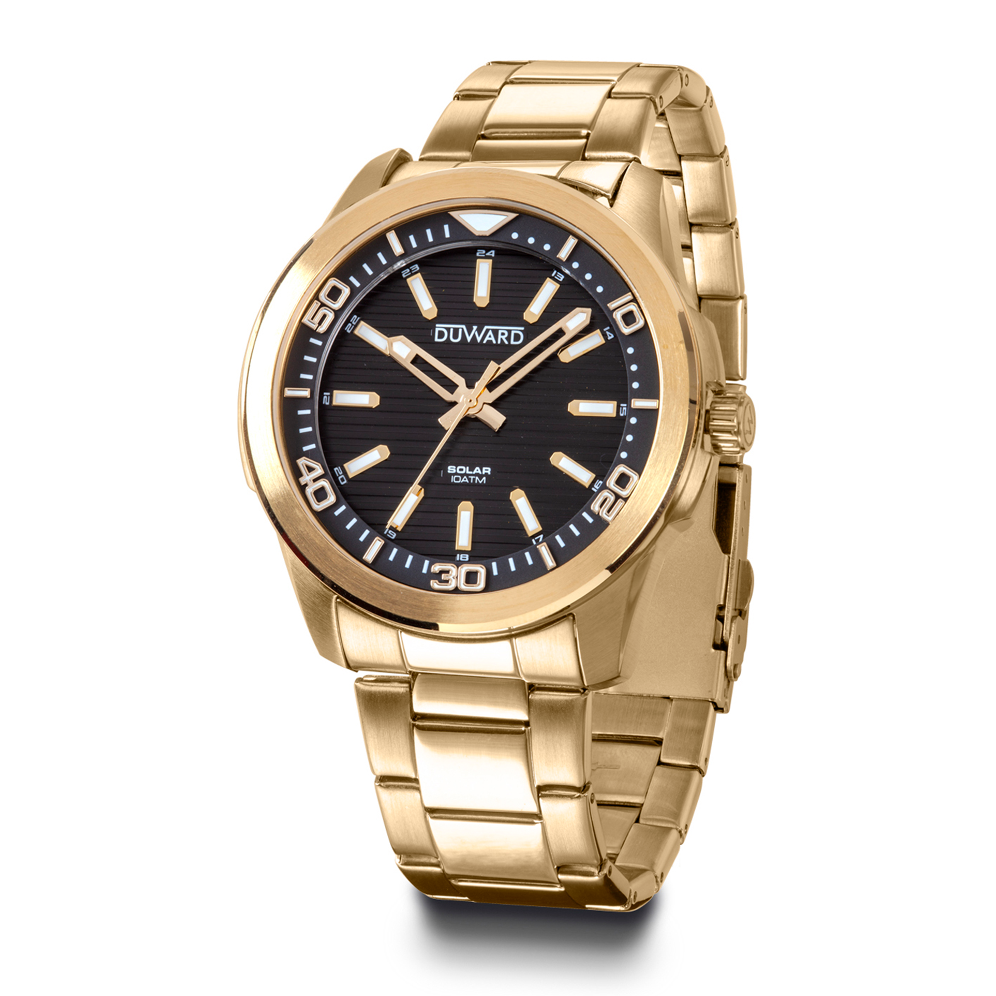 Reloj de hombre de acero ip dorado movimiento solar esfera negra