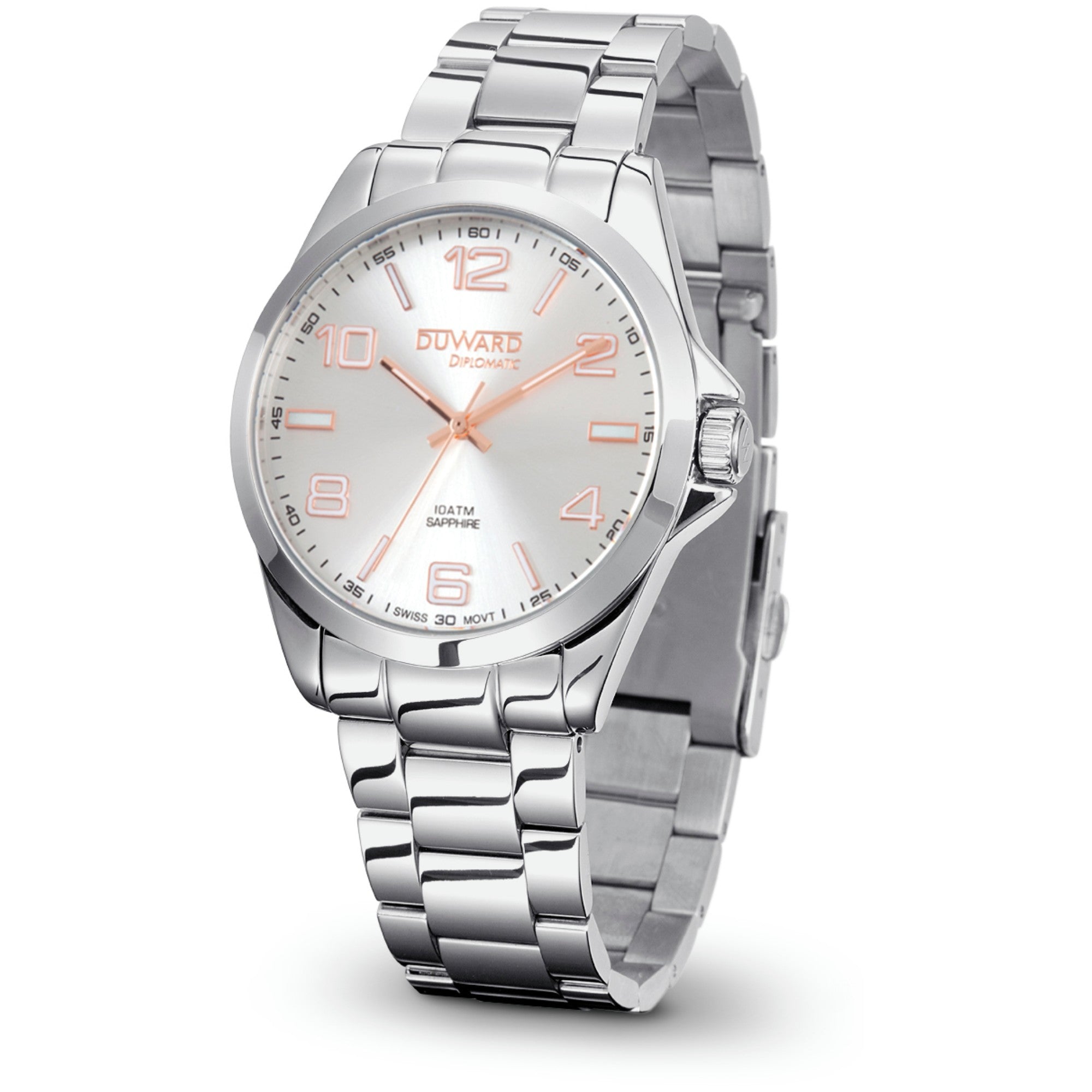 Reloj de Hombre de acero brazalete con esfera plata y rosada 10 Atm