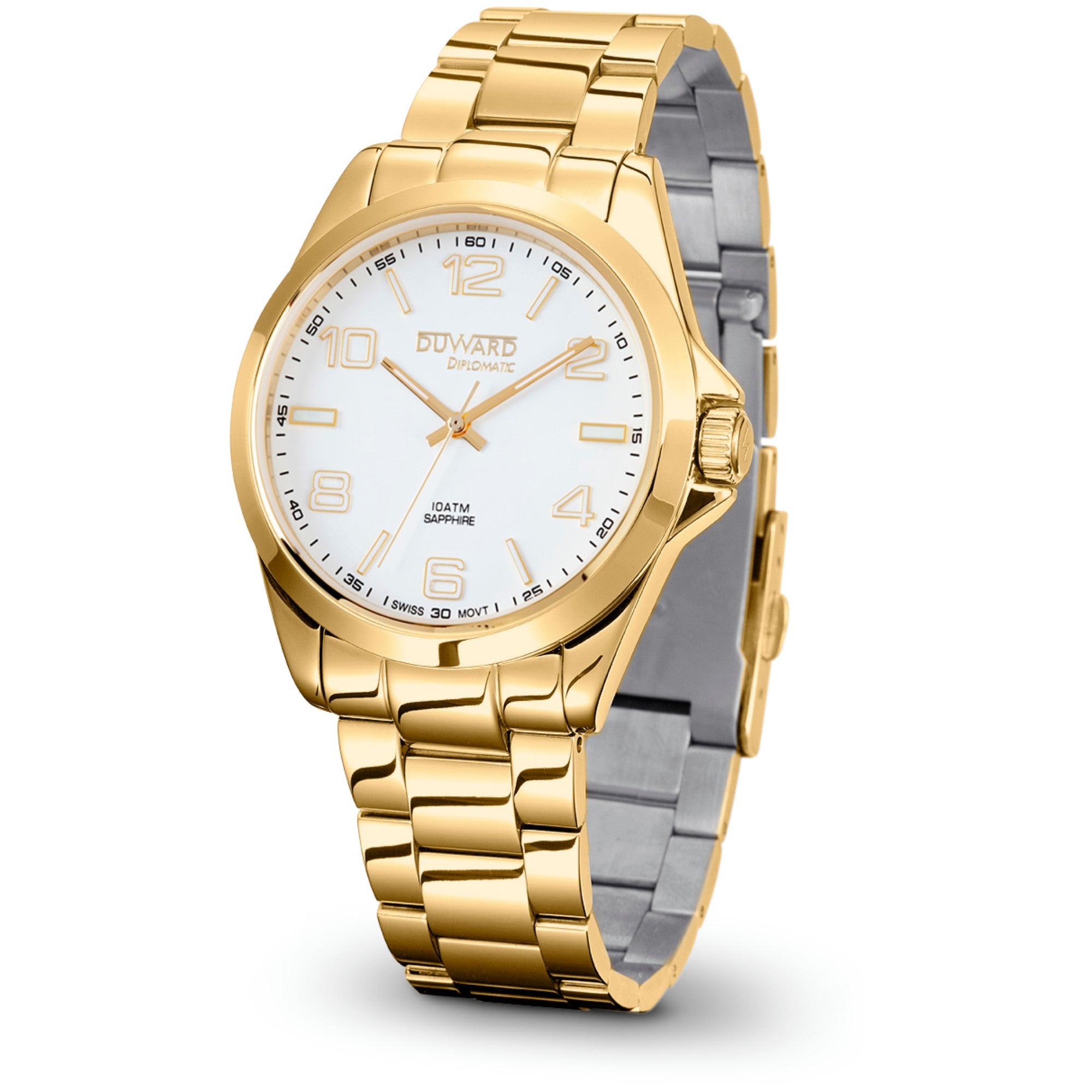 Reloj de Hombre Elegante caja acero dorado esfera blanca 10 Atm