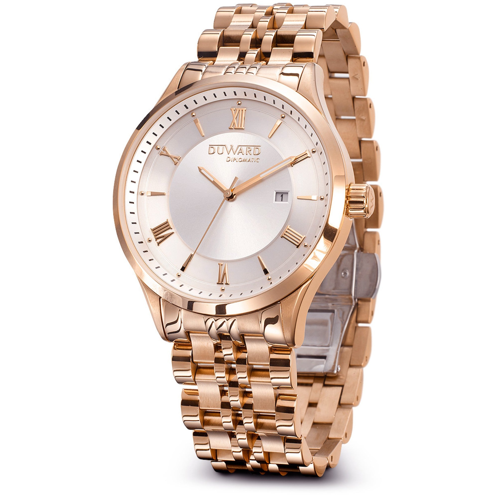 Reloj de Hombre Elegante caja acero IP rosada esfera plata 5 Atm