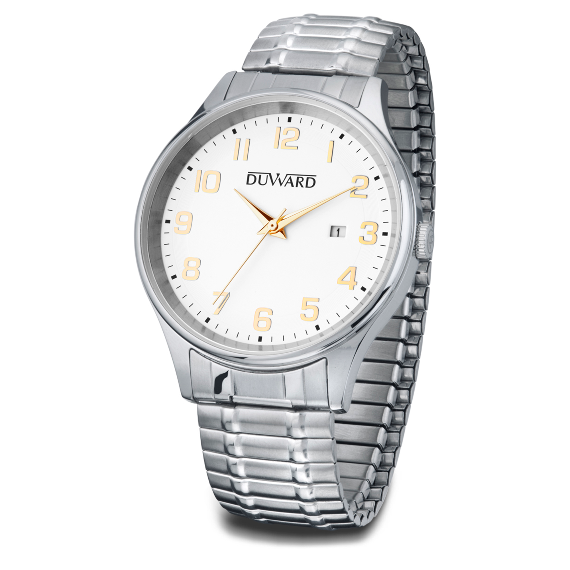 Reloj de hombre de acero 5 atm con brazalete extensible y numeros arabes dorados